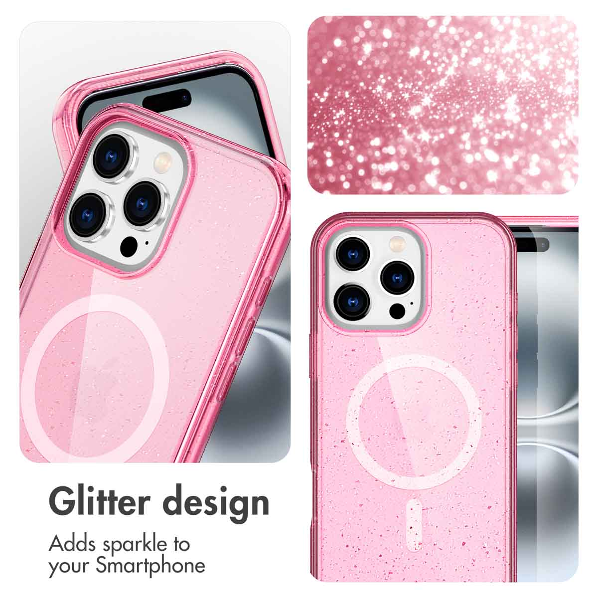 Una cover per smartphone glitterata rosa con anello magnetico, mostrata da più angolazioni su sfondo bianco.