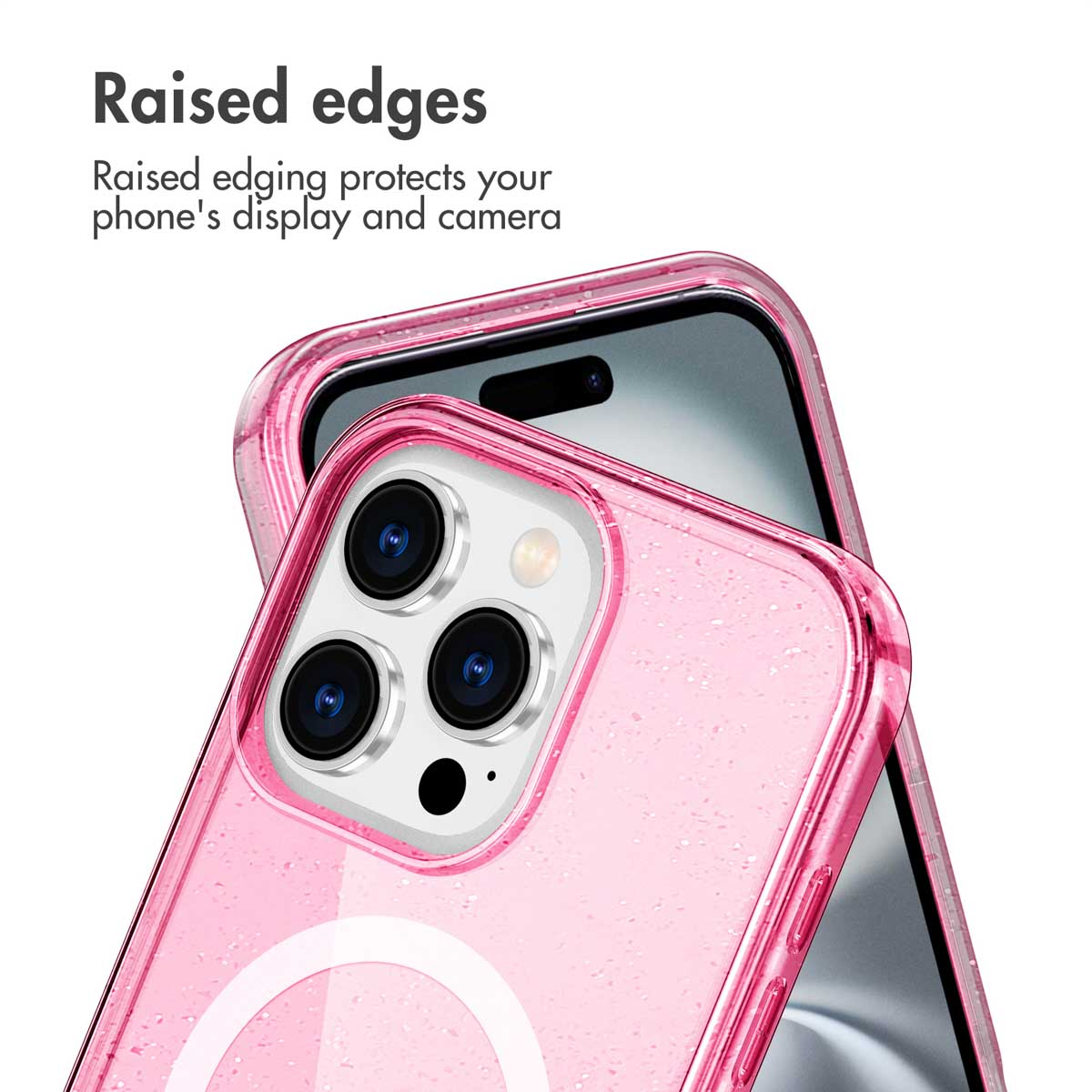 Custodia per telefono rosa glitterata con bordi rialzati per proteggere schermo e fotocamera.