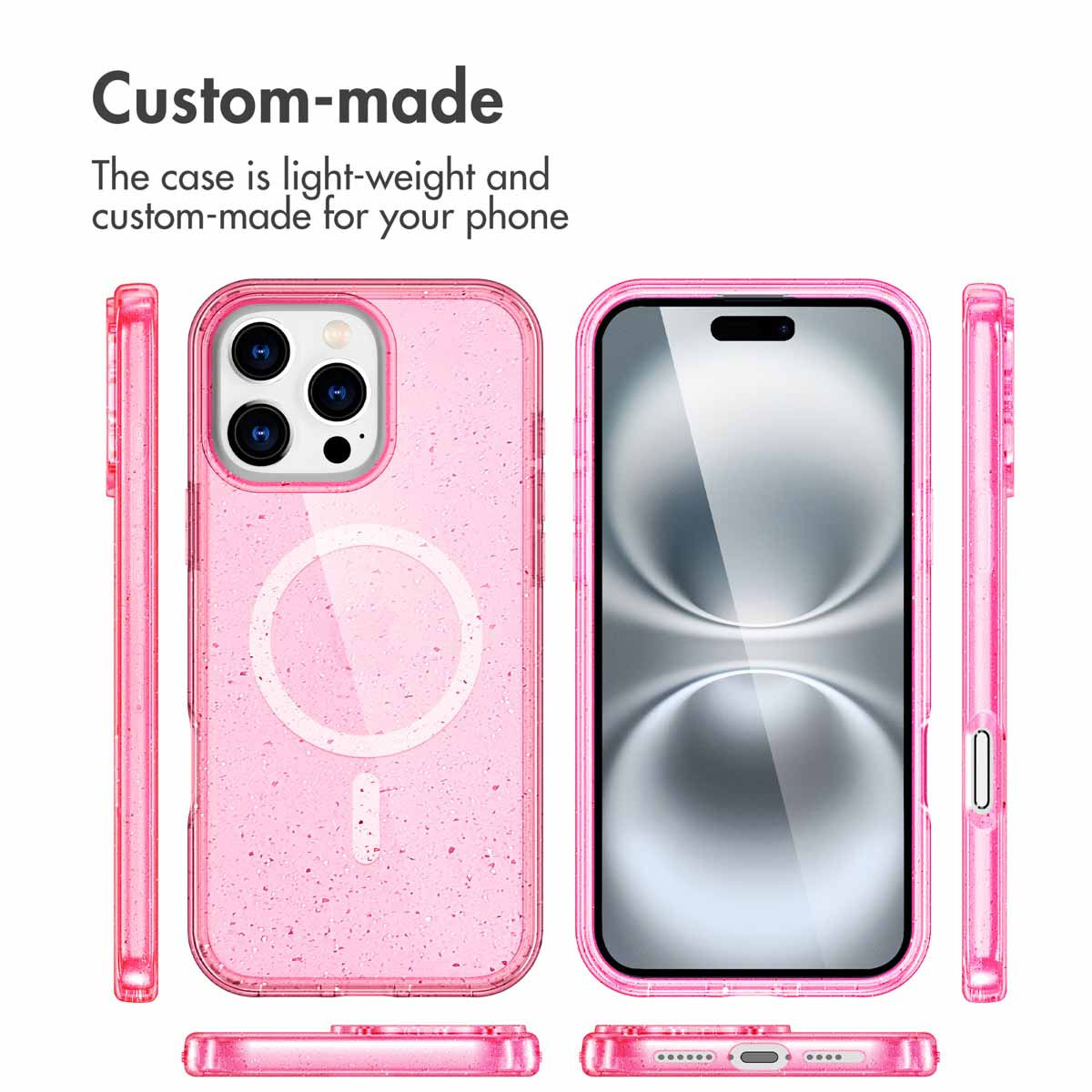 Custodia per telefono rosa brillantinata mostrata da più angolazioni con testo che indica leggerezza e su misura.