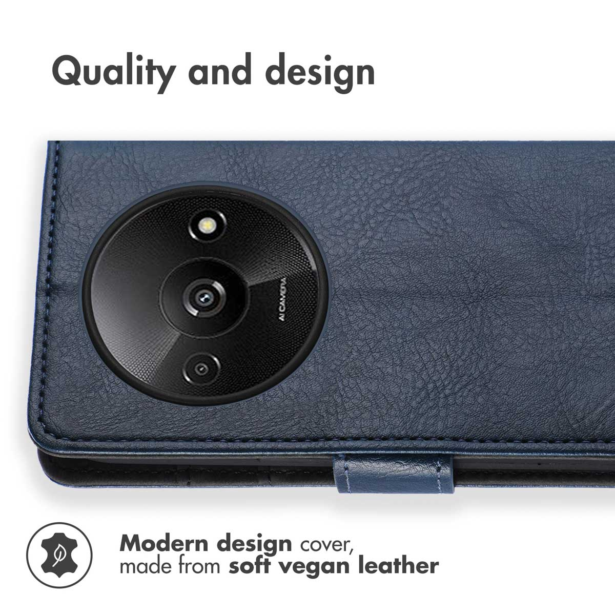 Blaue vegane Leder-Handyhülle mit rundem Kameraausschnitt.