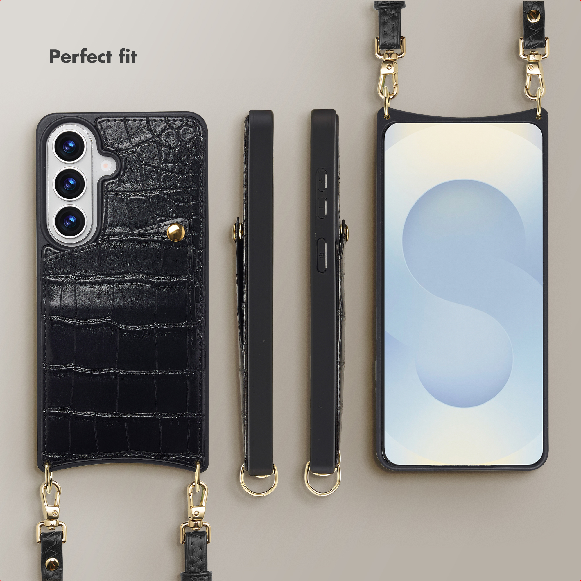 Fundat teléfono negra de cocodrilo con tarjetero, detalles dorados, botones y correa.