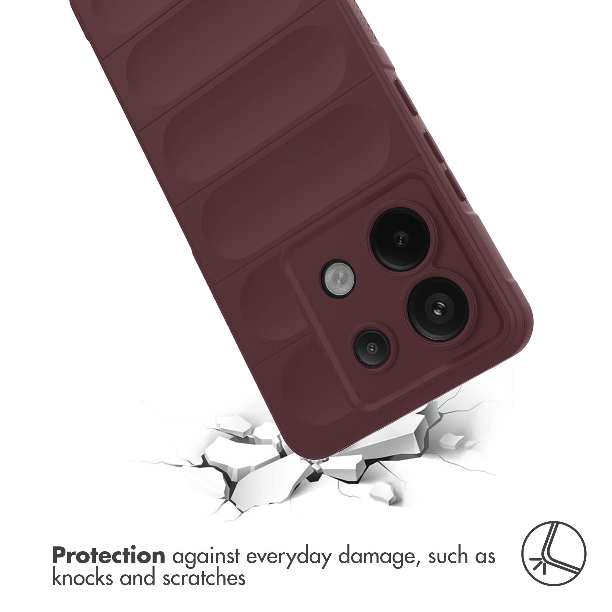 Smartphone rojo con funda protectora sobre suelo agrietado con texto e icono abajo.