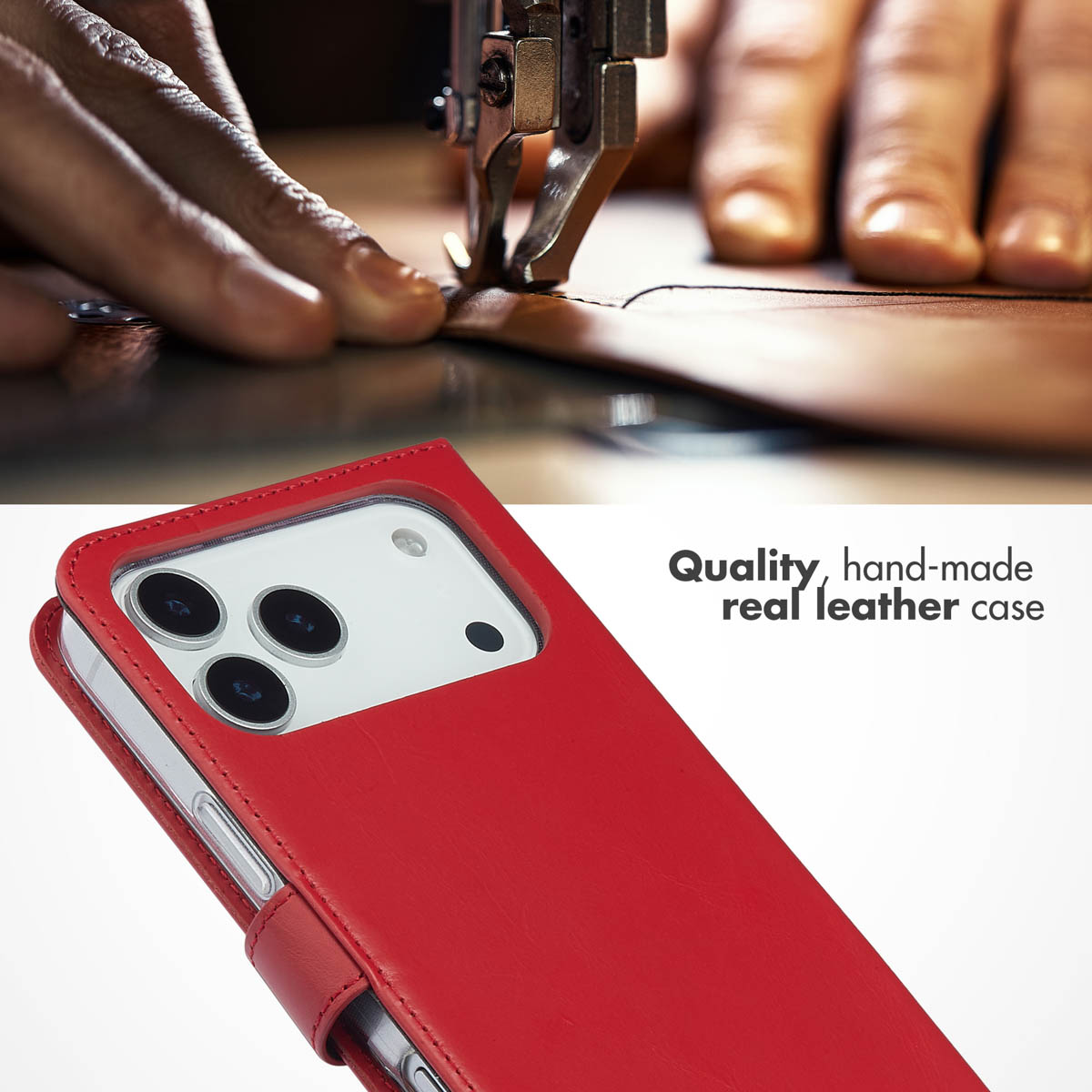 Étui en cuir rouge fait main pour smartphone avec objectifs de caméra visibles.