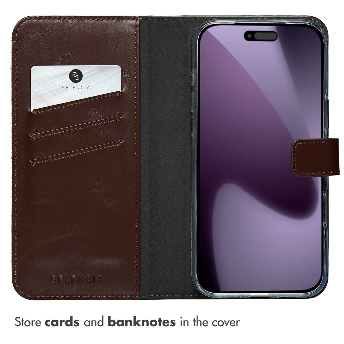 Étui de téléphone en cuir marron avec fentes pour cartes et un smartphone.