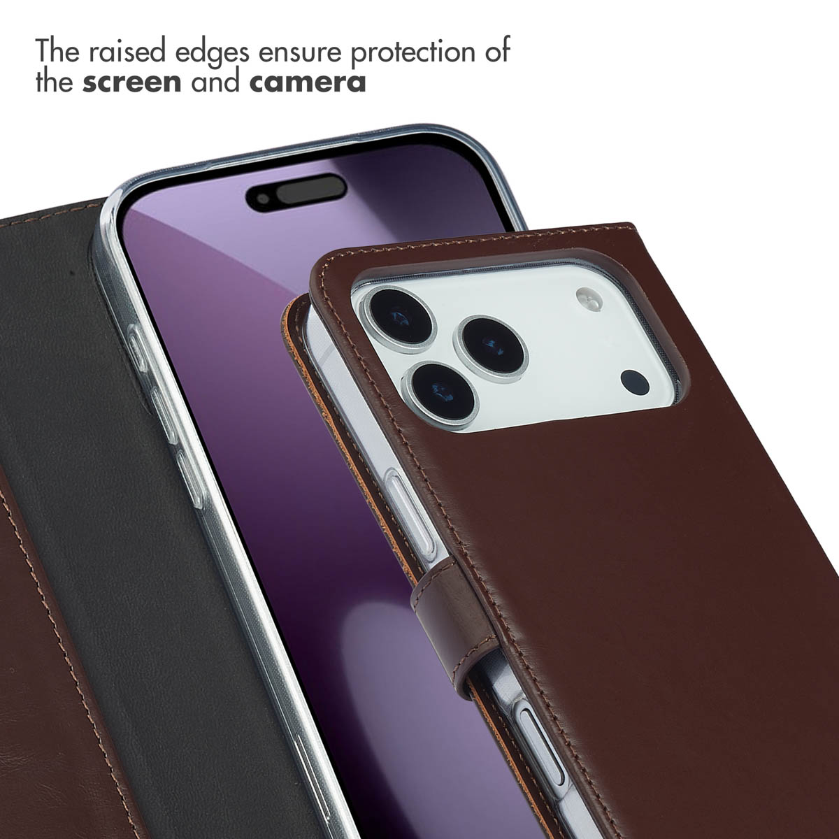 Un smartphone dans un étui en cuir marron montre des bords de protection.
