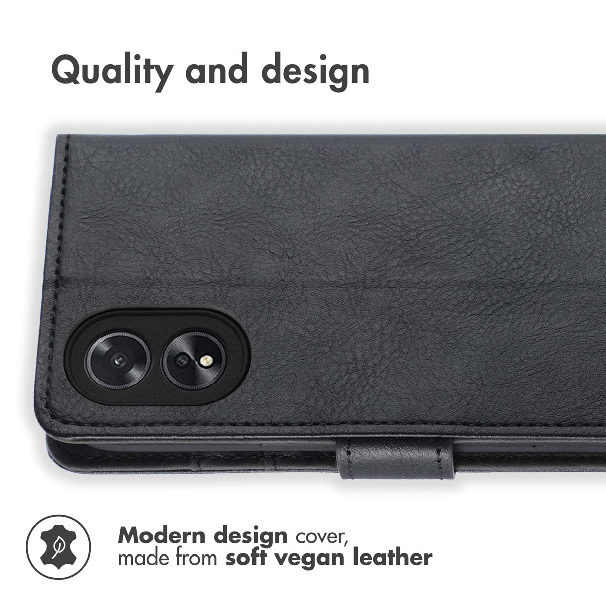 Schwarze vegane Leder-Handyhülle mit Kameraausschnitt und Text für Qualität und Design.
