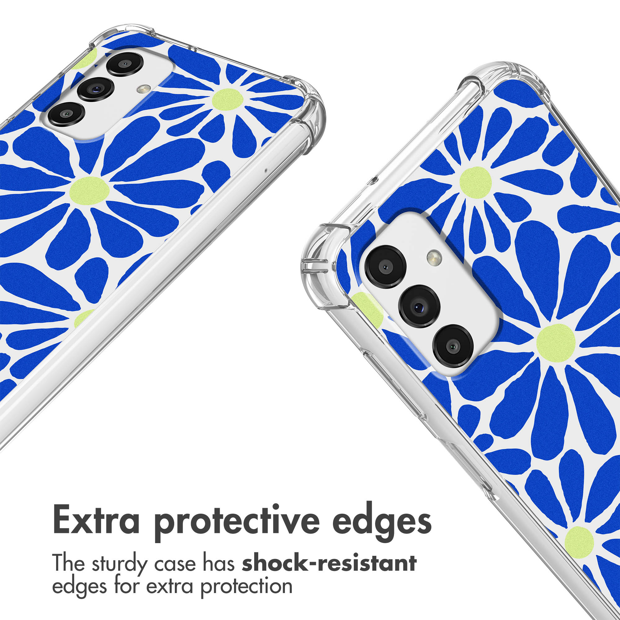 Coque de téléphone transparente avec motif floral bleu et blanc et coins antichocs.