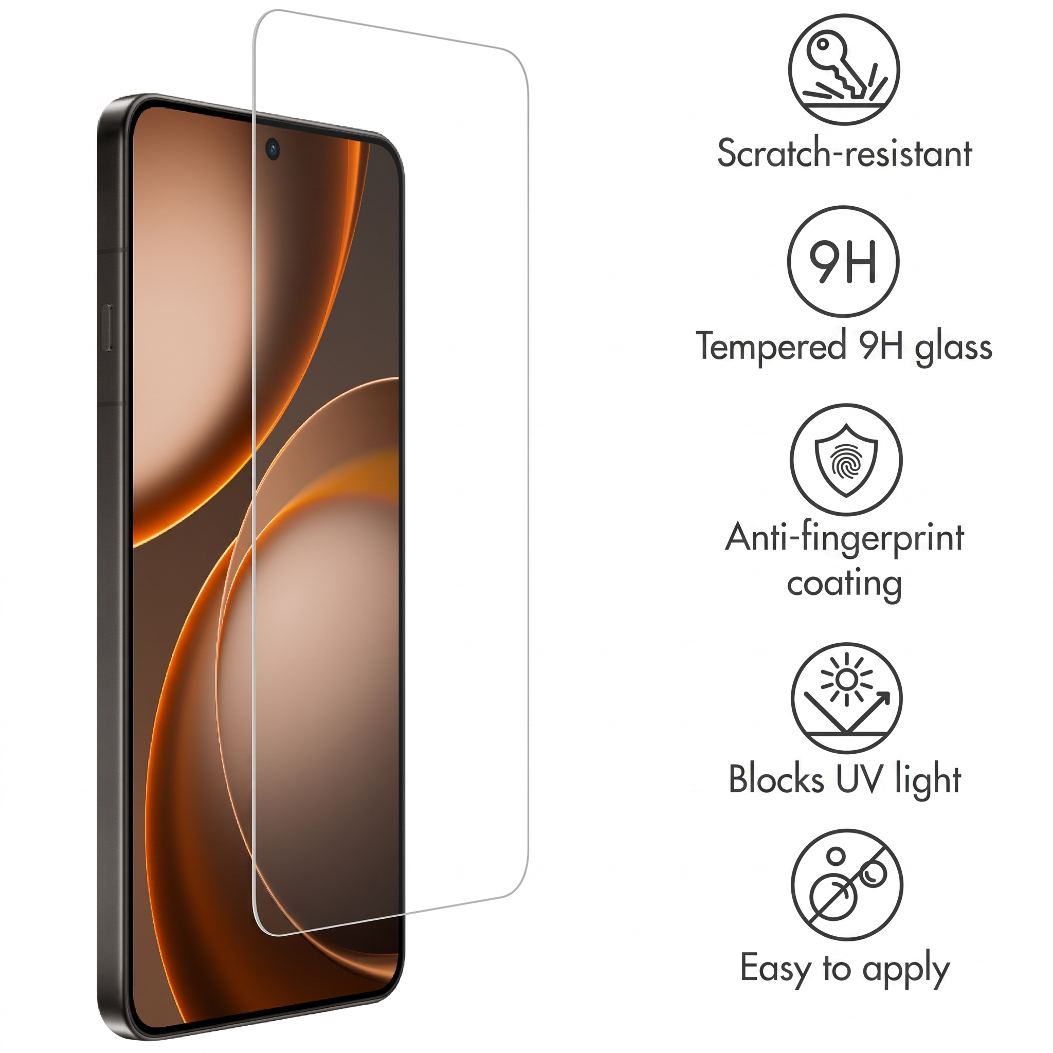 Uno smartphone con protezione schermo e cinque icone di funzionalità che mostrano resistenza ai graffi e durezza.