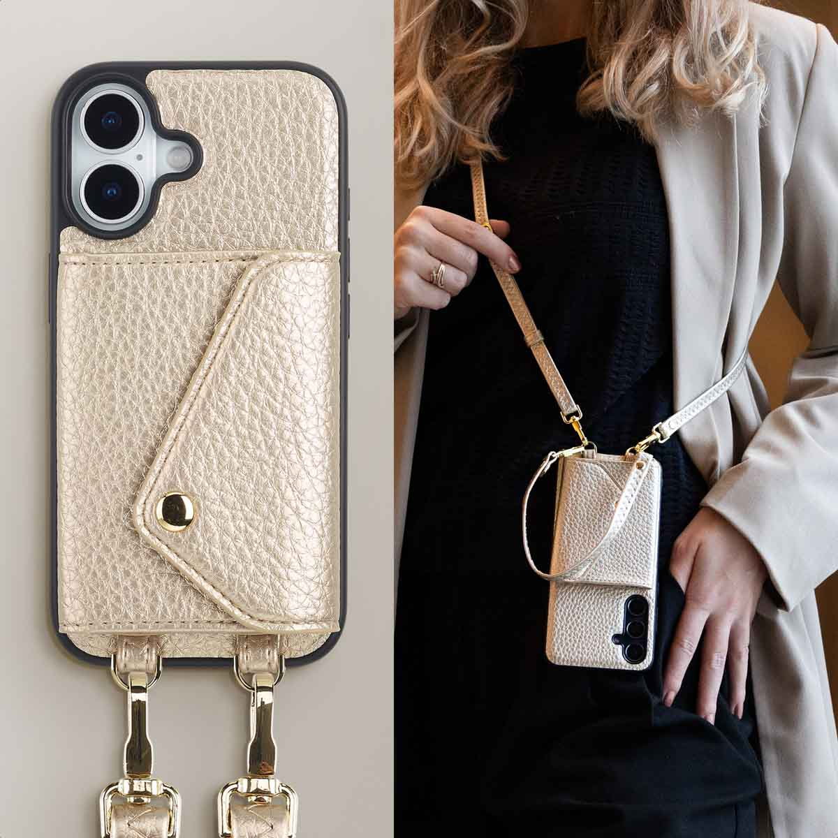 Coque de téléphone dorée avec poche et lanière, portée par une femme.