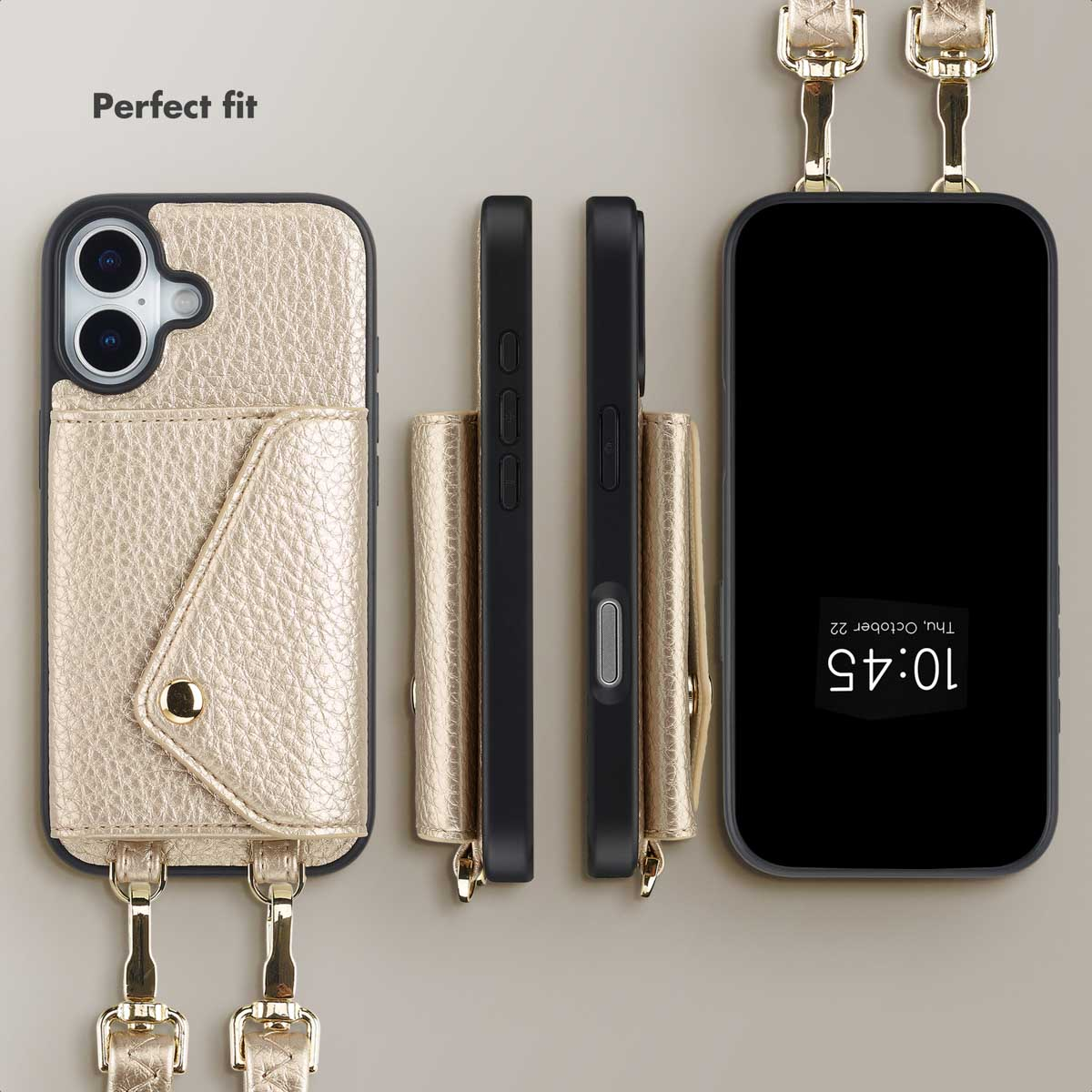 Coque de téléphone dorée avec porte-cartes, lanière et plusieurs vues sur fond neutre.