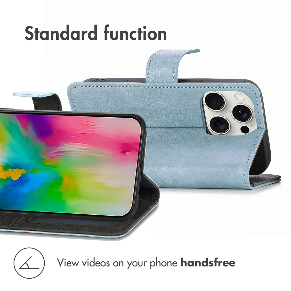 Une coque de téléphone bleu clair avec support intégré pour regarder des vidéos.
