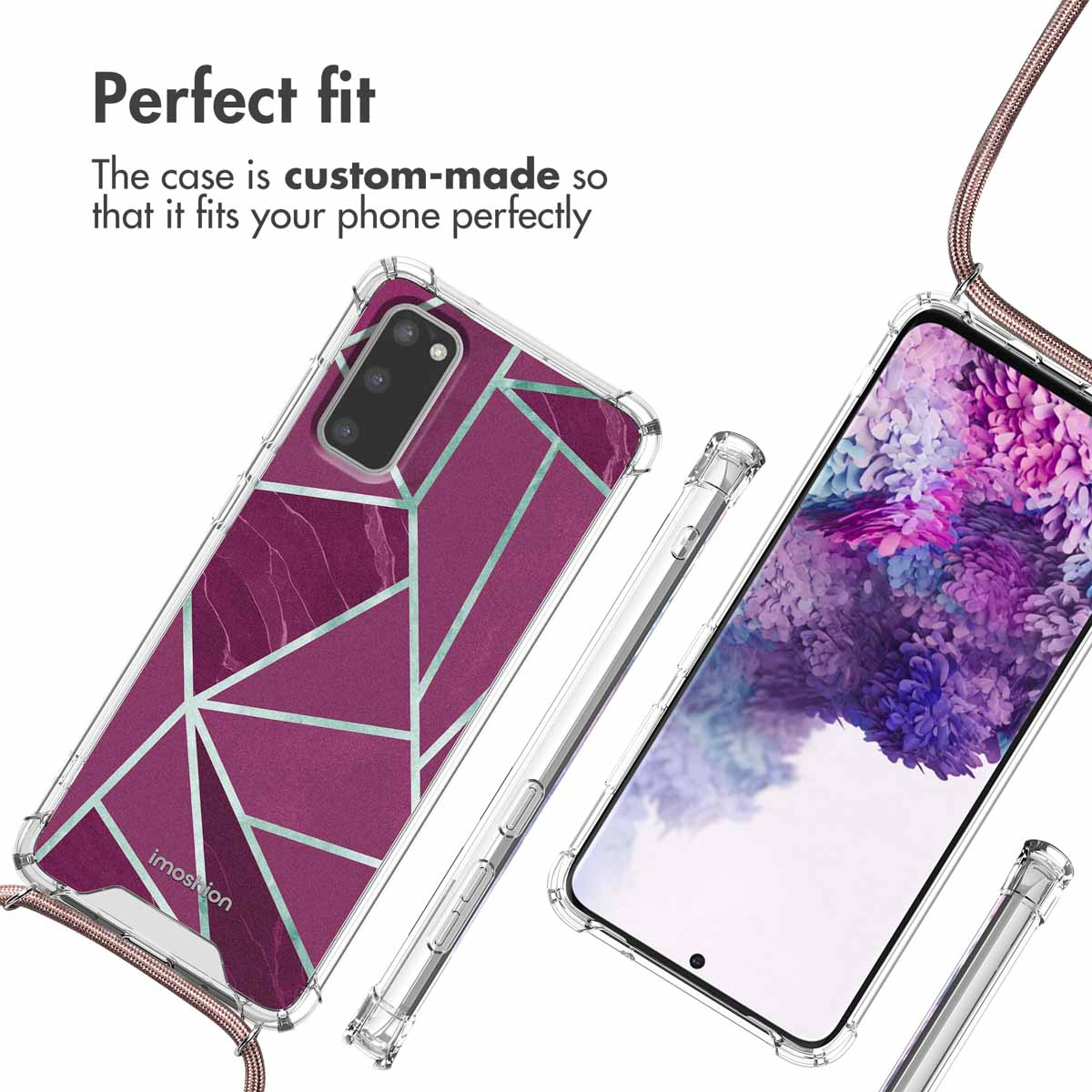 Coque de téléphone avec motif géométrique violet et turquoise et lanière.
