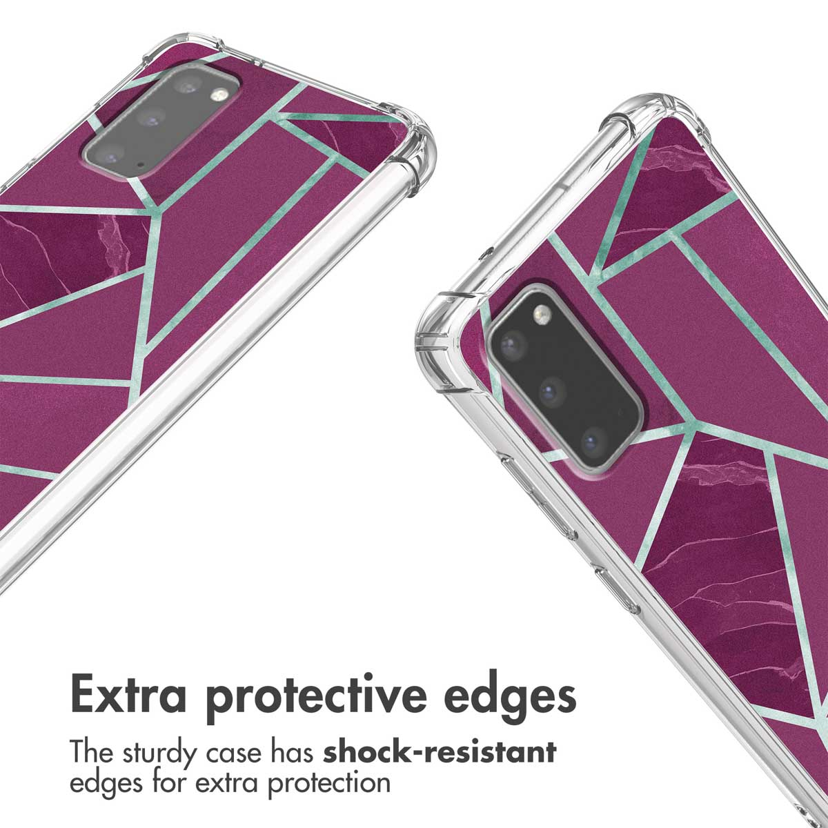 Coque de téléphone à motif géométrique violet et turquoise, bords antichocs.