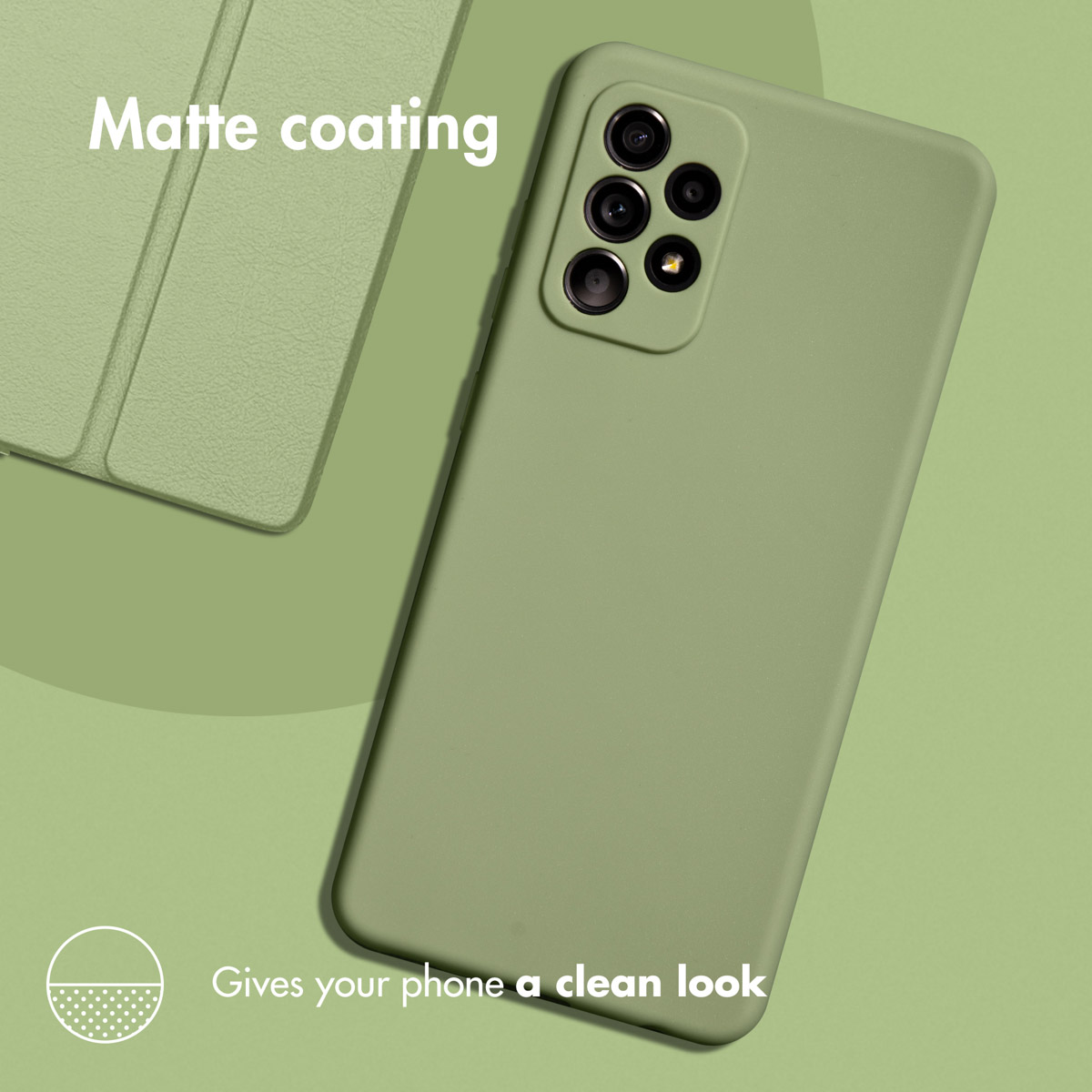 Un smartphone verde mate con funda y texto sobre revestimiento mate y aspecto limpio sobre fondo verde.