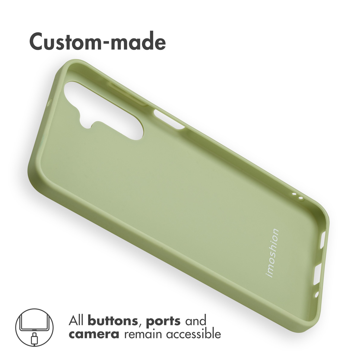 Una funda de teléfono verde claro sobre fondo blanco con texto personalizado.