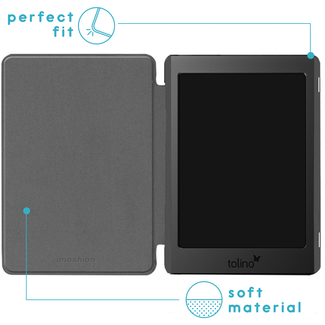 An open black Tolino case with labels 'perfect fit' and 'soft material'.