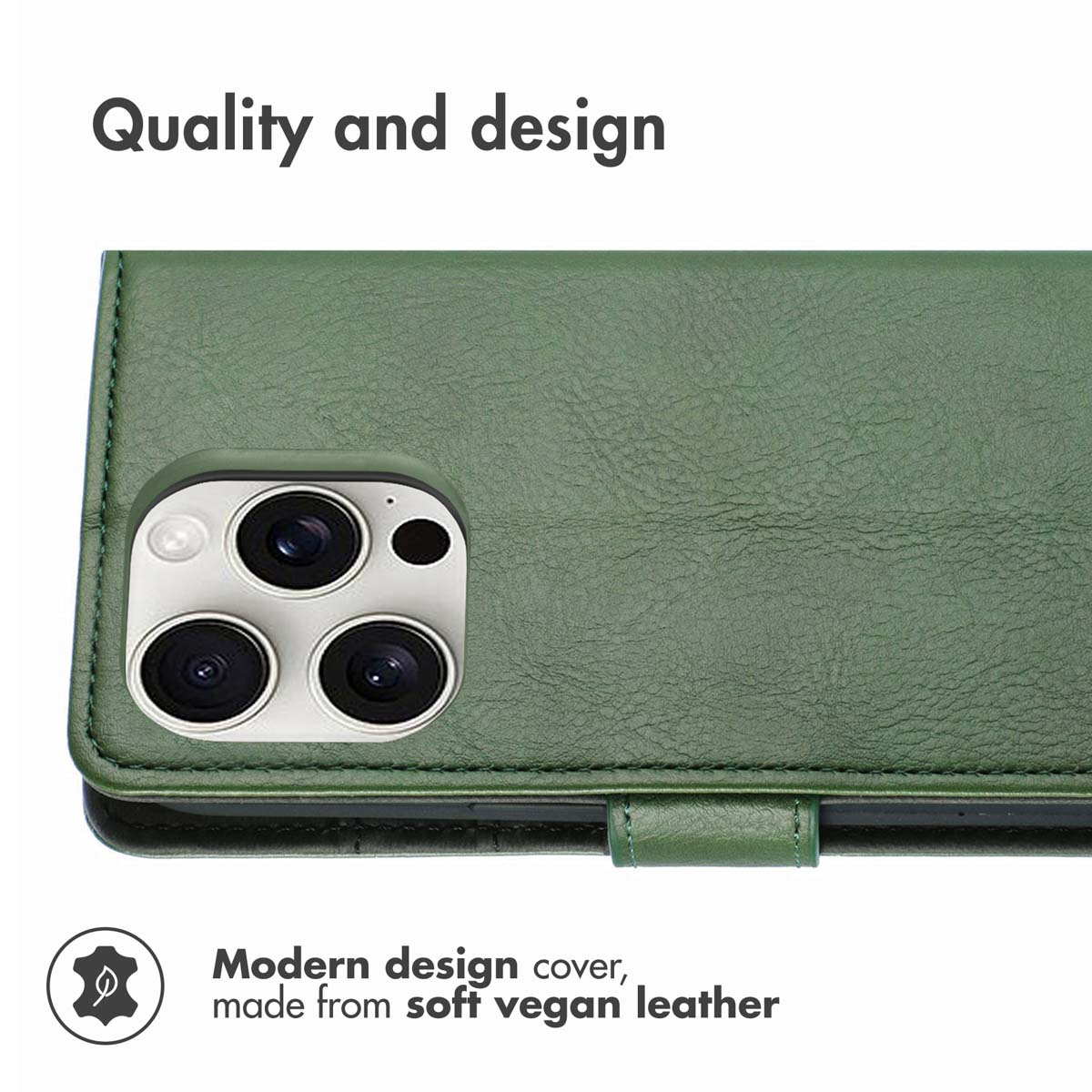Coque de téléphone en cuir végétalien vert avec trois objectifs et texte.