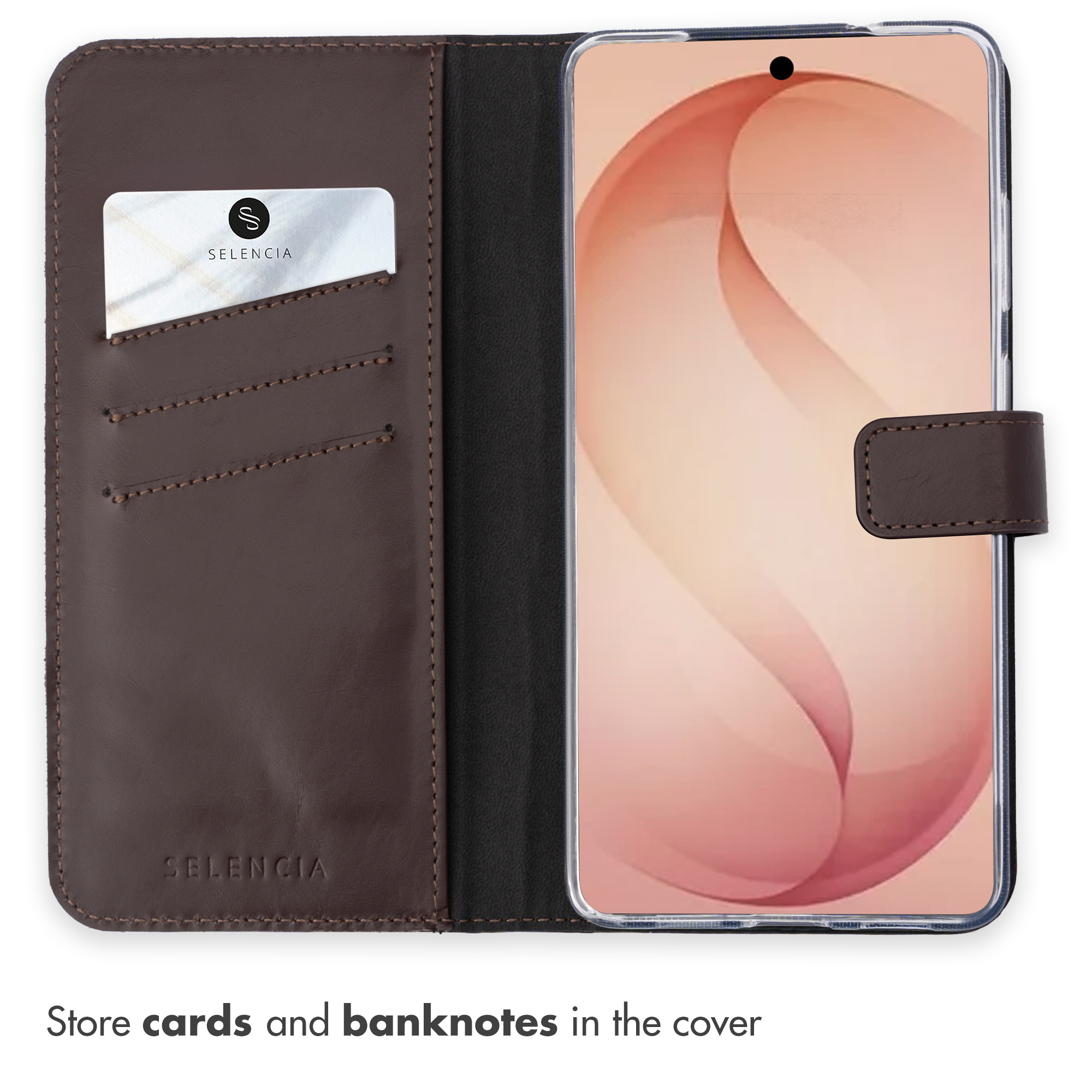 Custodia per cellulare in pelle marrone con tasche per carte.