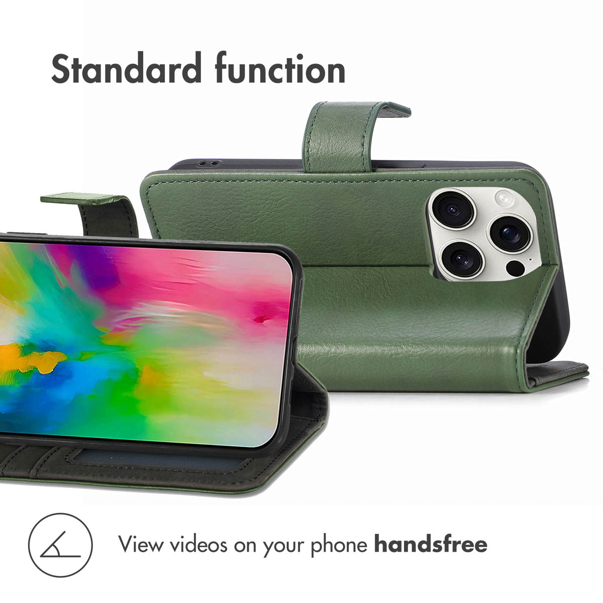 Étui de téléphone en cuir vert en mode paysage avec écran coloré et texte.