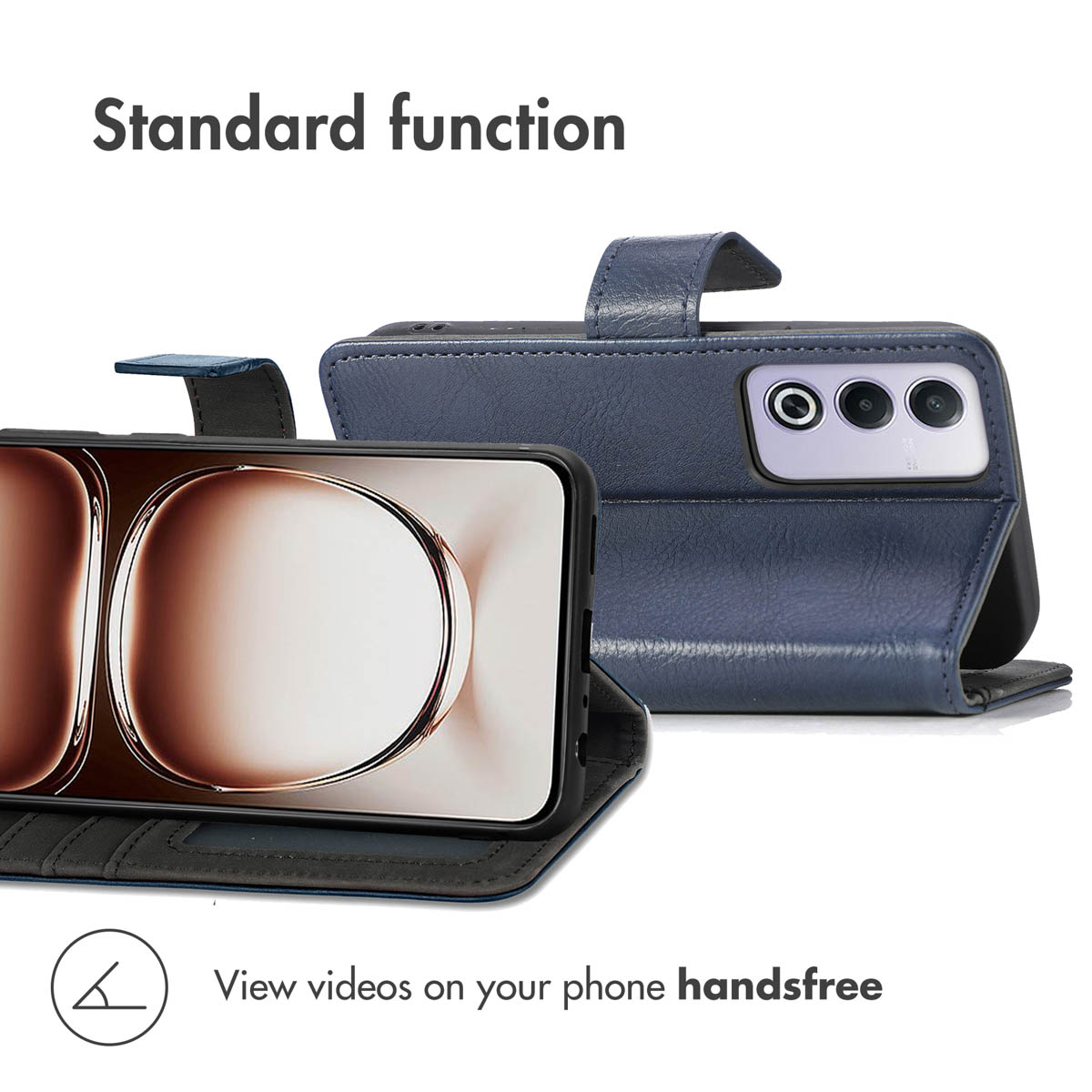 Blaue Leder-Handyhülle im Querformat mit aufgestelltem Smartphone für freihändige Videowiedergabe.