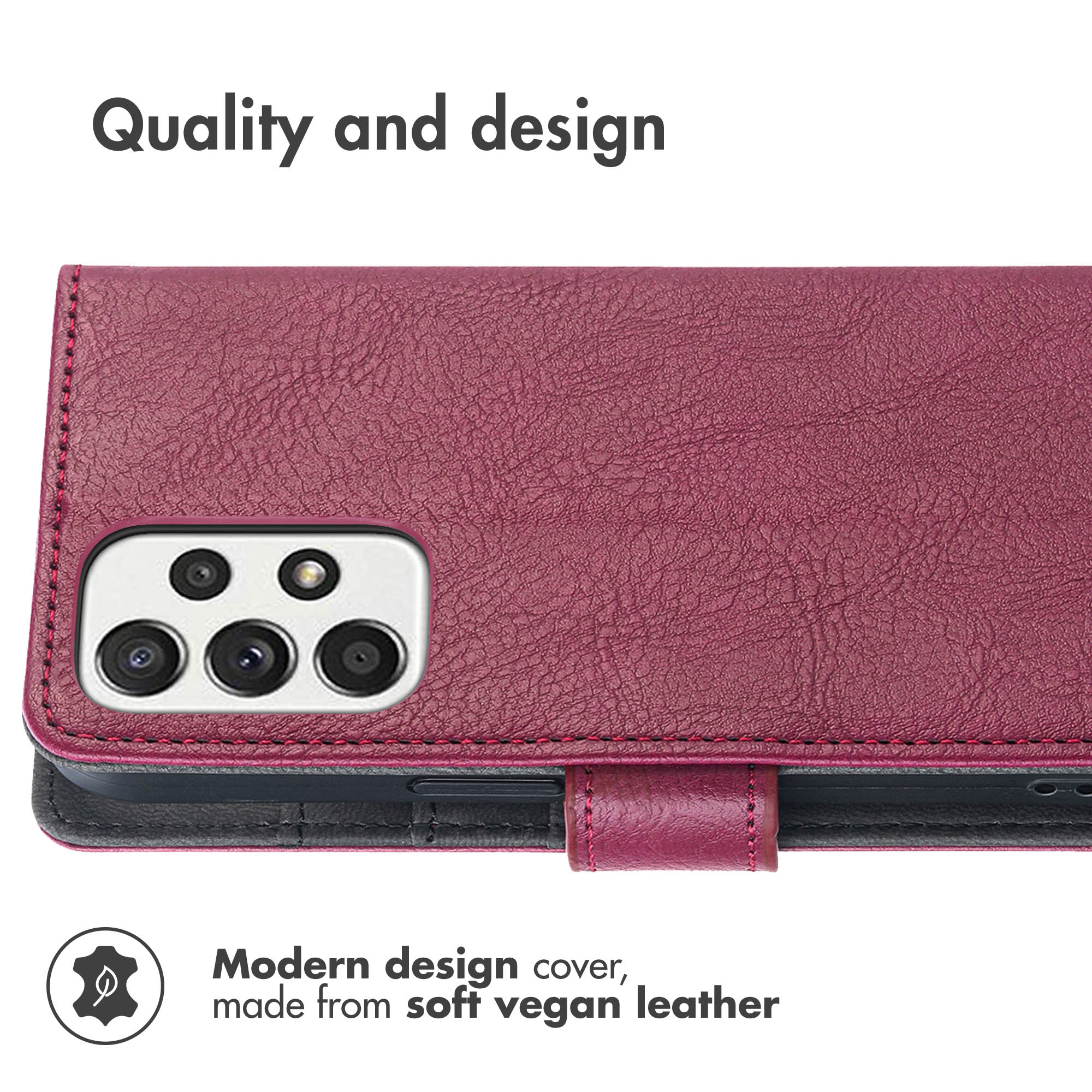 Une coque de téléphone en cuir vegan marron avec des découpes pour l'appareil photo et le texte Qualité et design.