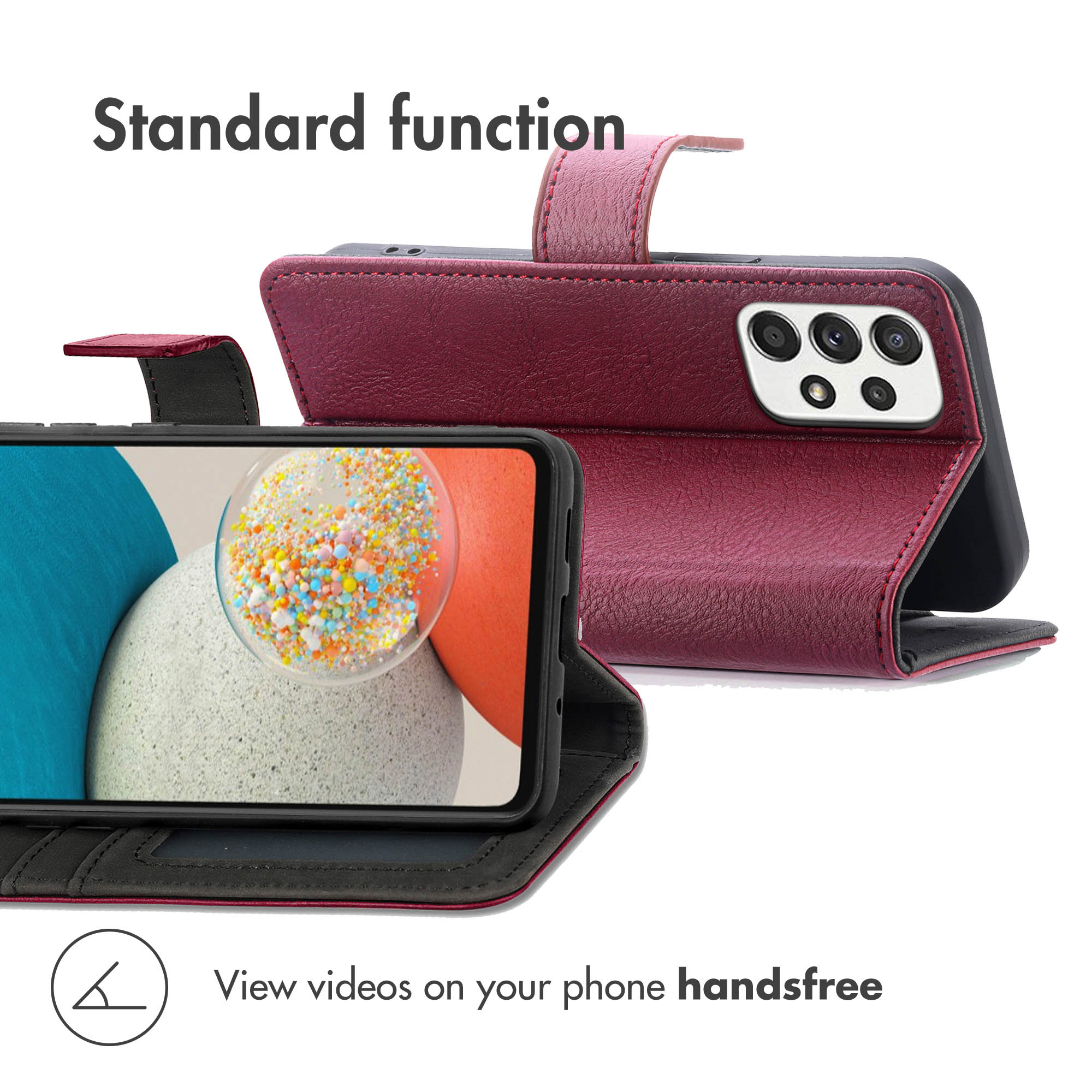 Étui de téléphone en cuir rouge servant de support pour visionner des vidéos mains libres.