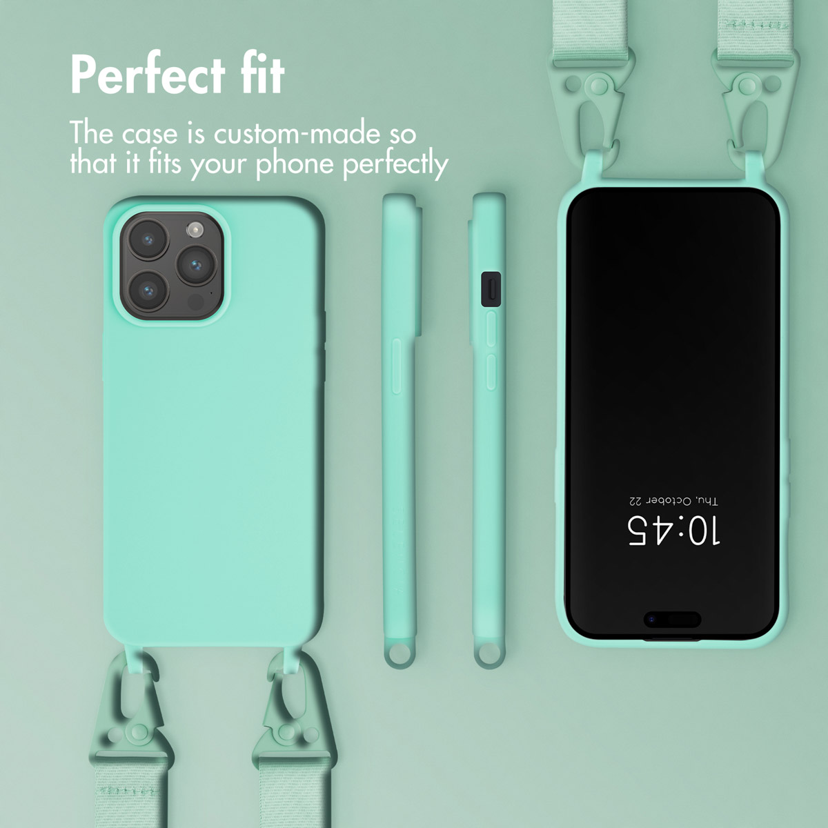 Custodia per telefono verde menta con cinturino abbinato, mostrata da più angolazioni con il testo Vestibilità perfetta.