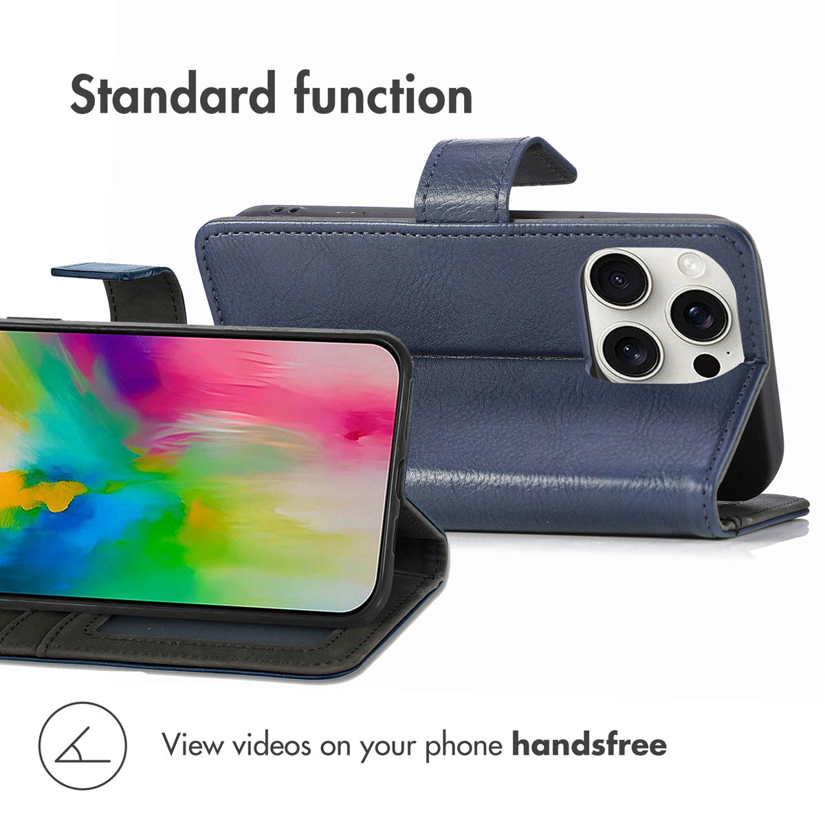 Étui de smartphone en cuir bleu en mode paysage pour regarder des vidéos.