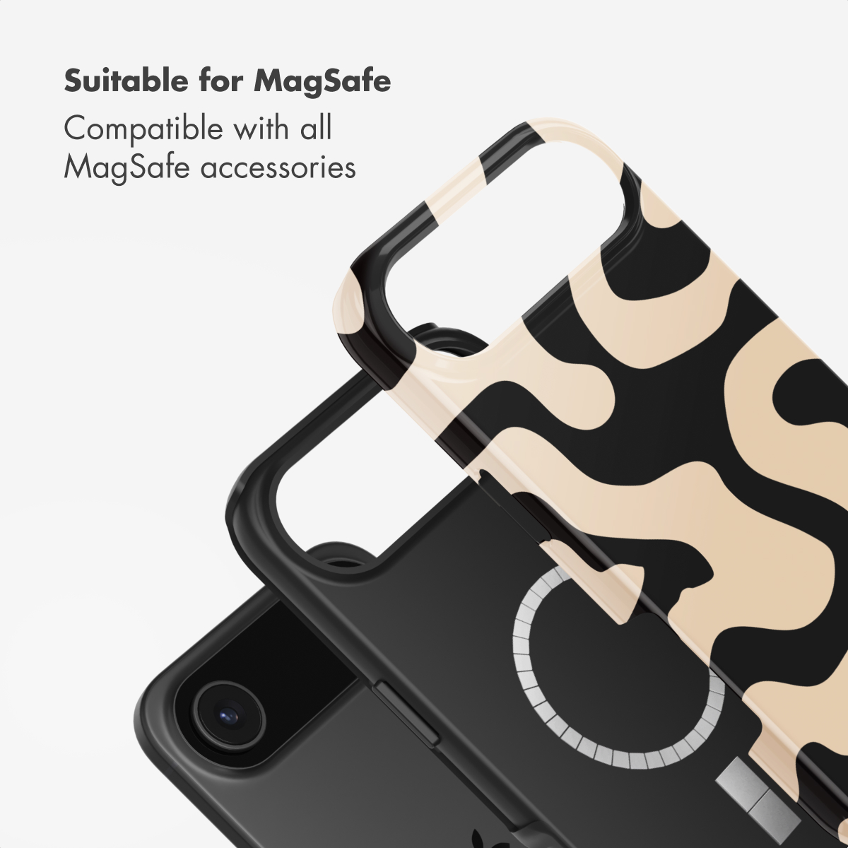 Due custodie nere per telefono compatibili MagSafe, una con motivo beige e nero.