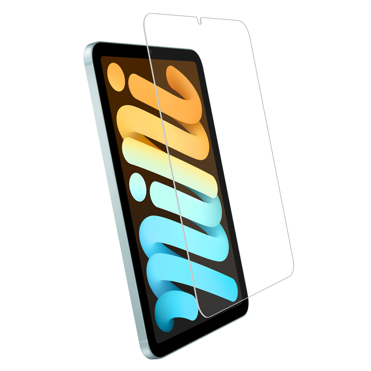Tablet z kolorowym ekranem i szklaną folią ochronną unoszącą się lekko z przodu.