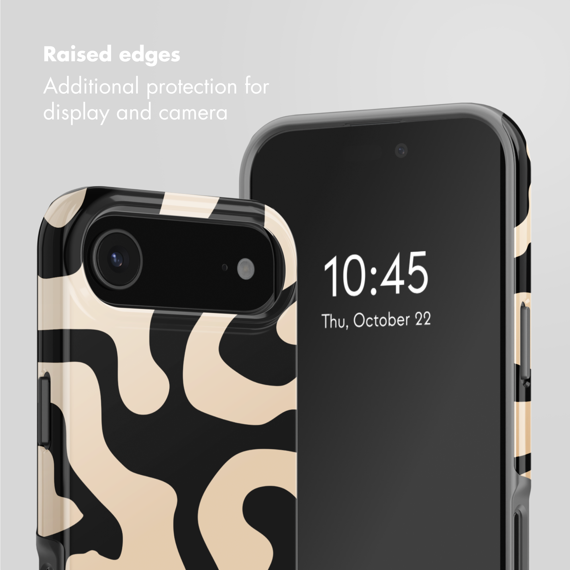 Due smartphone con motivi beige e neri e protezione dello schermo rialzata.