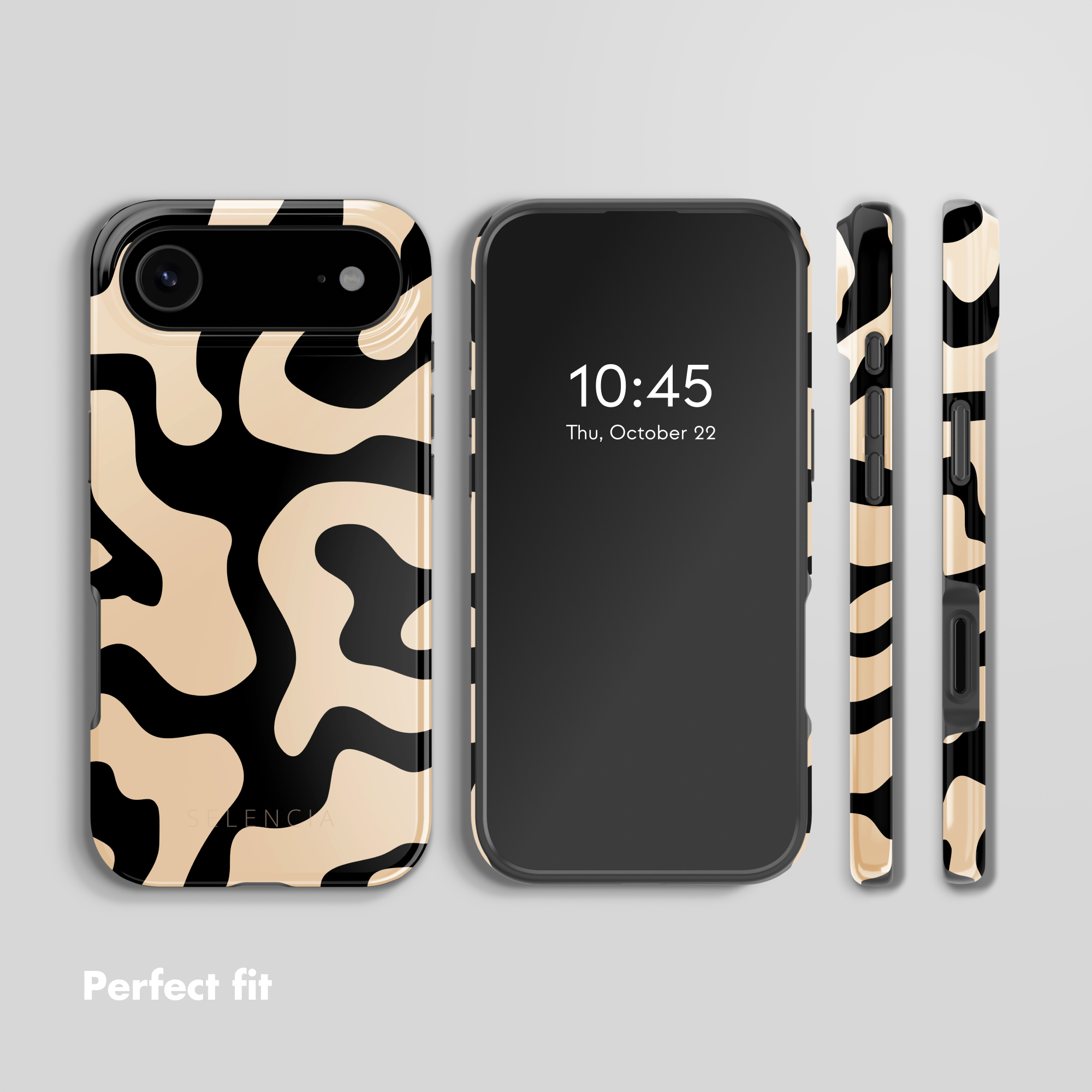 Smartphone in varie angolazioni con motivo astratto beige e nero e la scritta Perfect fit.