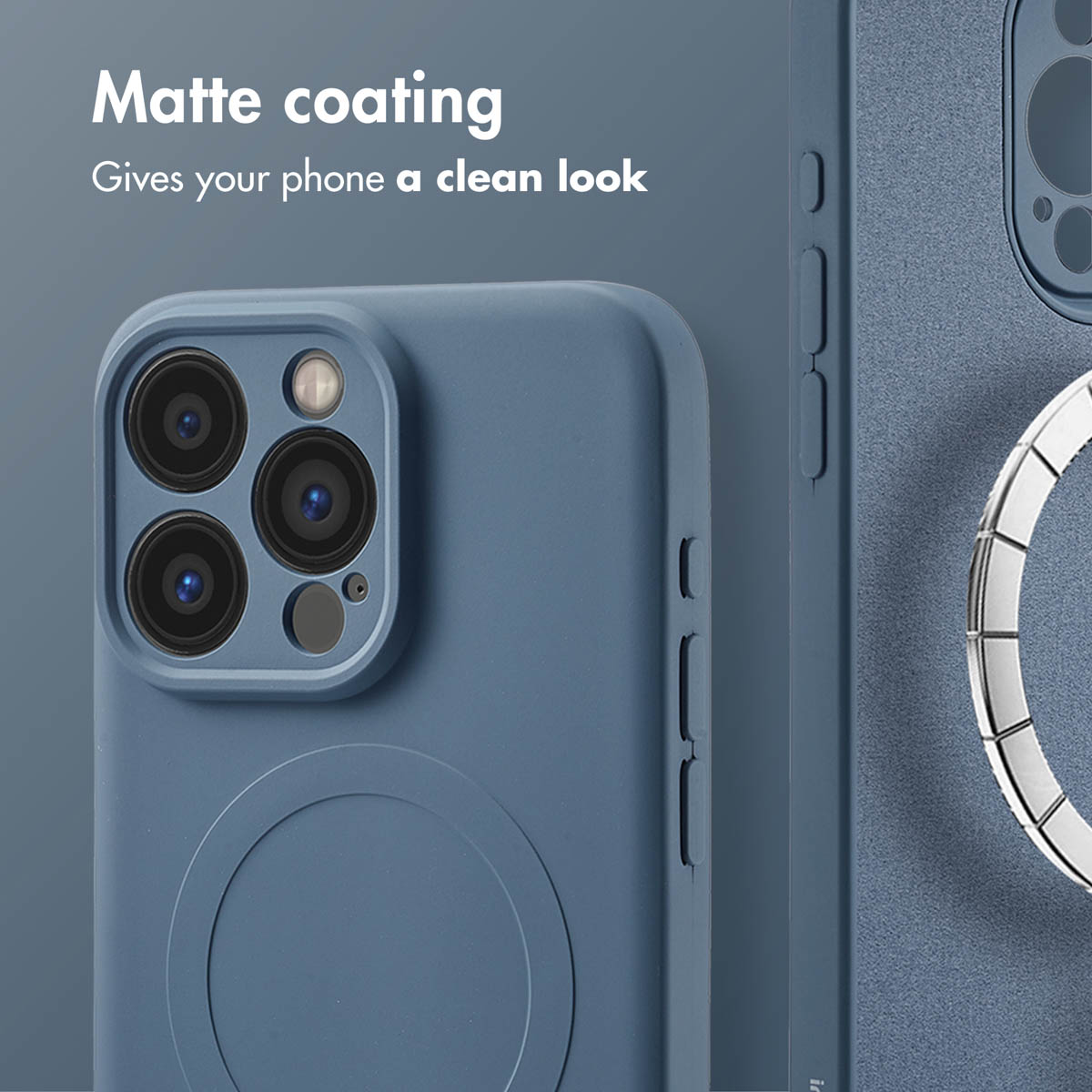 Funda de smartphone azul mate con recorte para la cámara y marca redonda en la parte trasera.