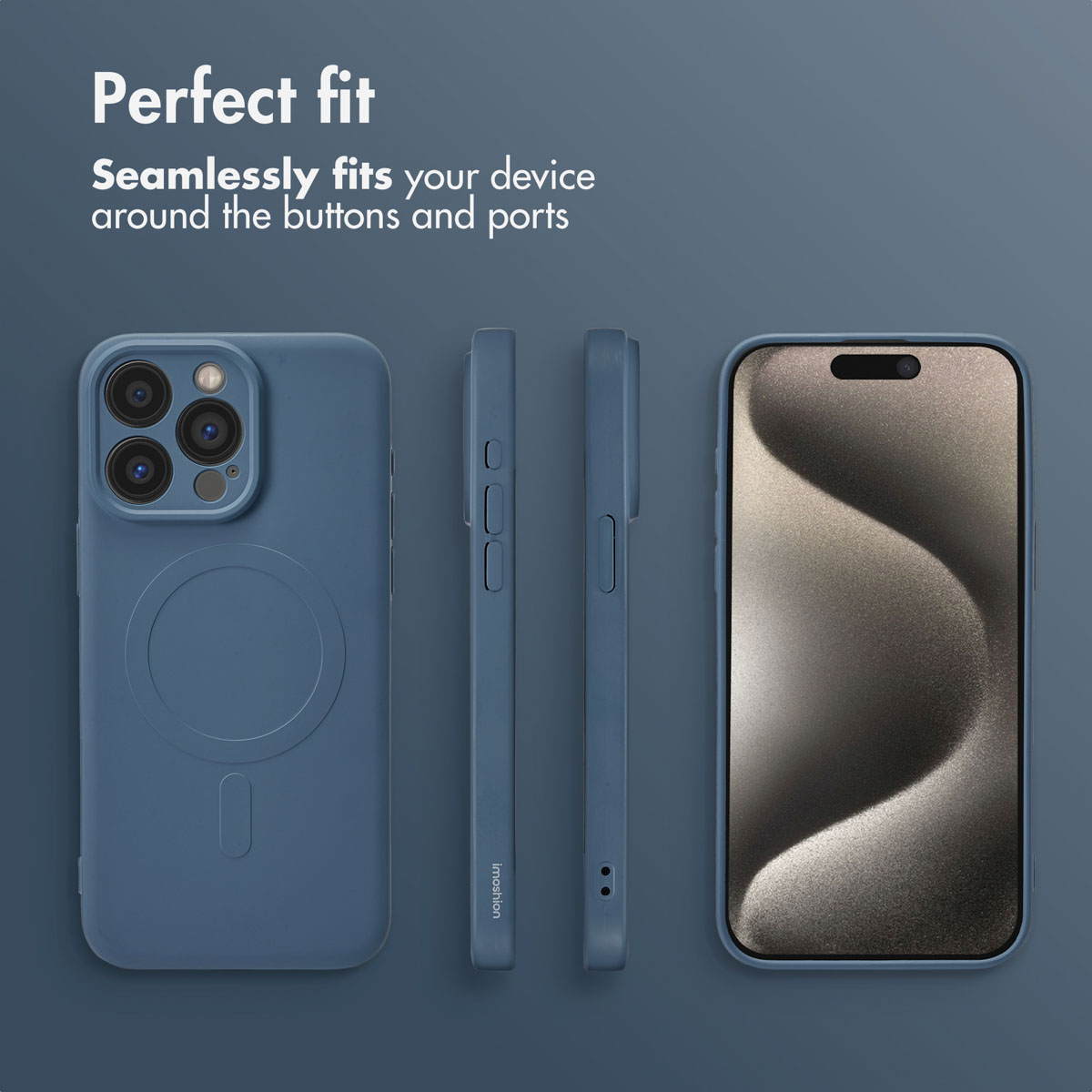 Funda de smartphone azul mostrada desde varios ángulos con texto.