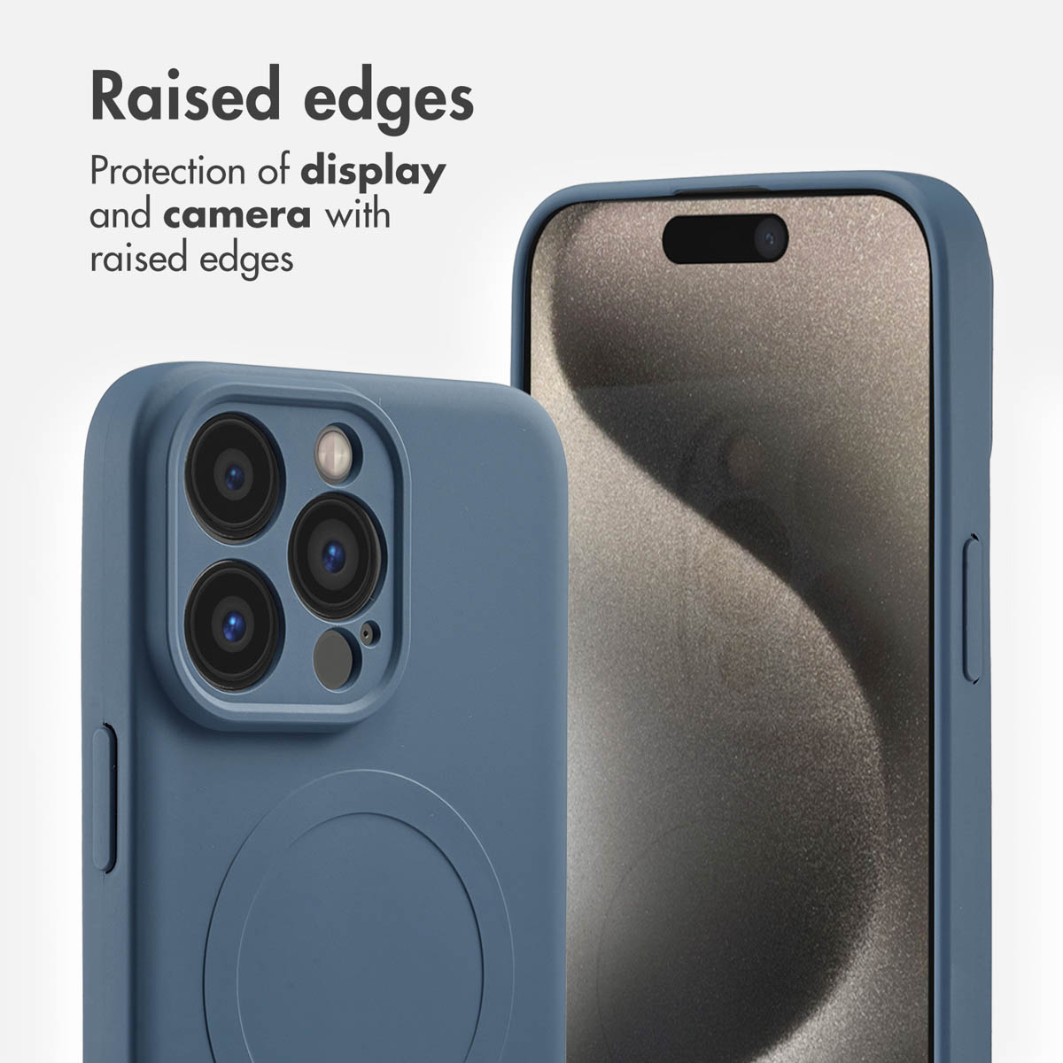 Dos fundas de teléfono azules que muestran bordes elevados que protegen la cámara y la pantalla, con texto.