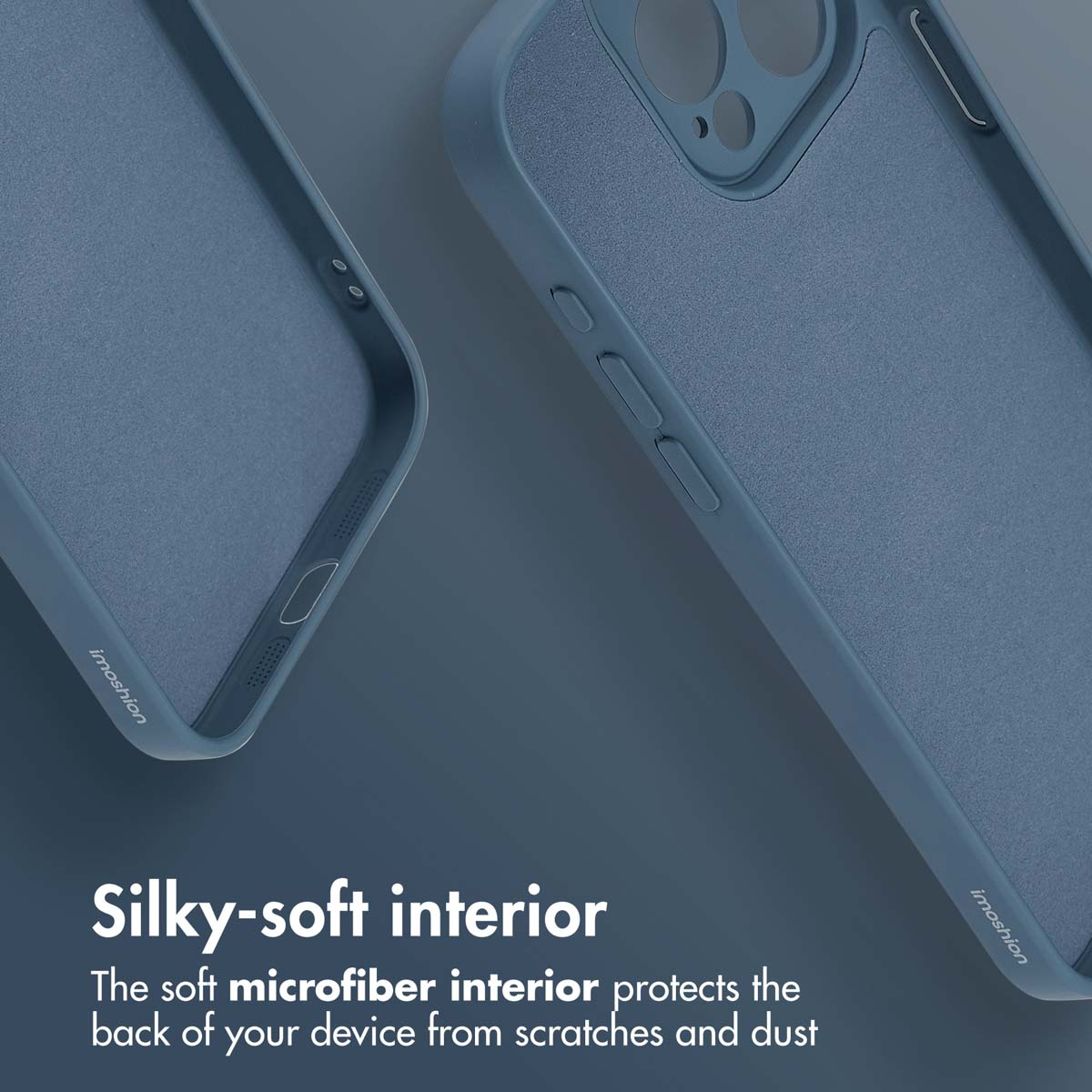 Fundas para móvil azules con interior de microfibra suave y texto: Silky-soft interior.