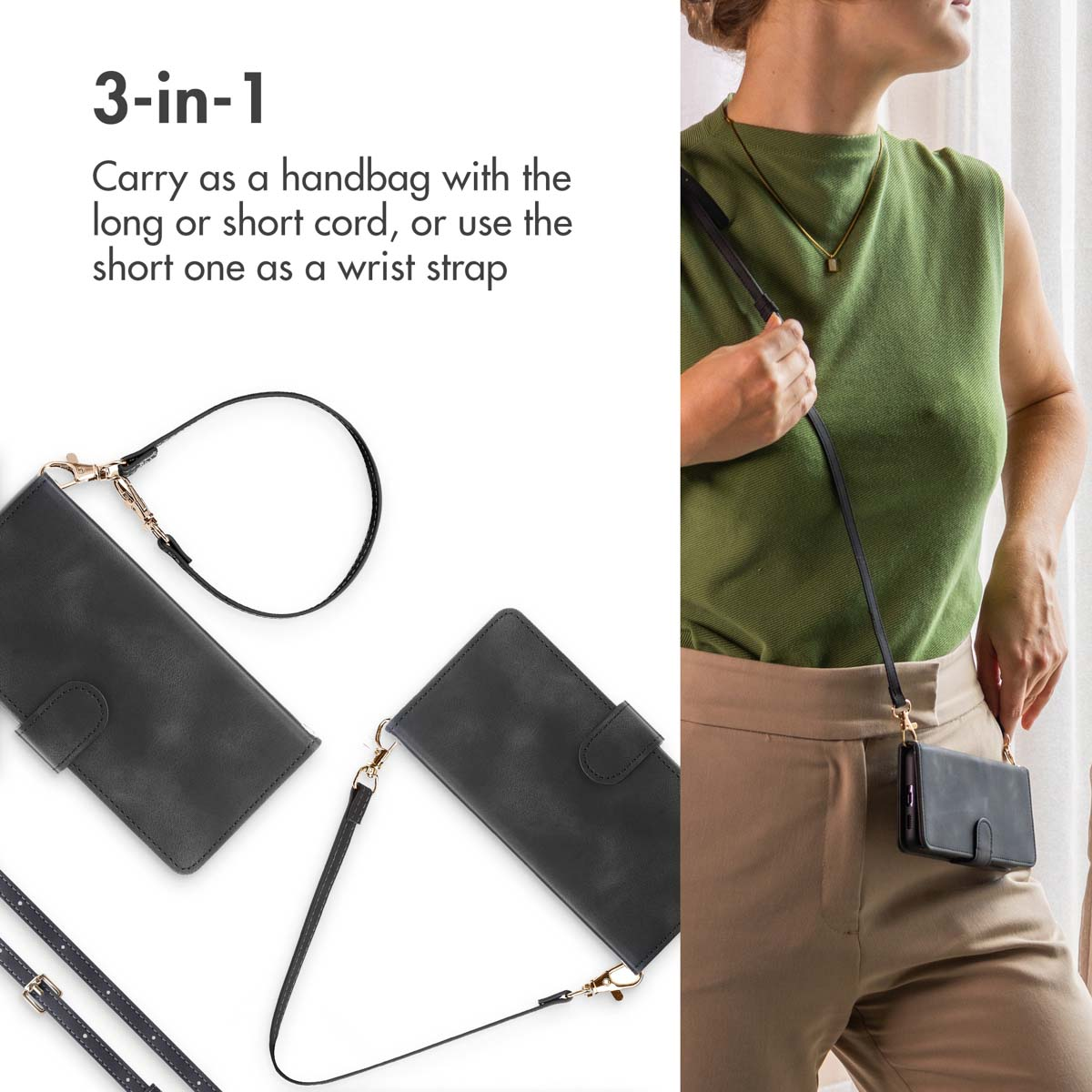 Eine Frau in einem grünen Oberteil trägt ein schwarzes Umhänge-Smartphone-Etui mit verstellbarem Riemen.