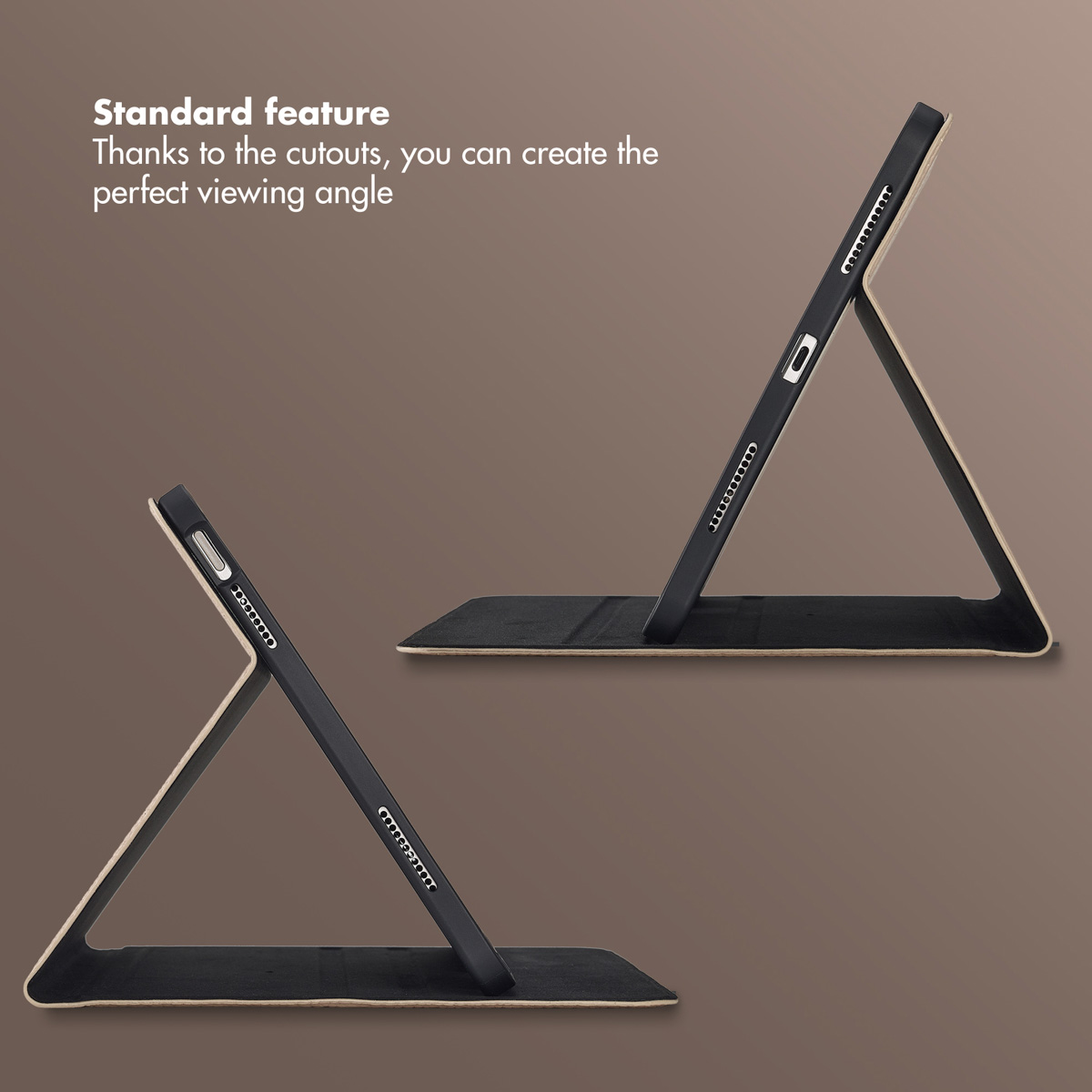 Two tablets in stands showing viewing angles with text about standard features on a brown background.