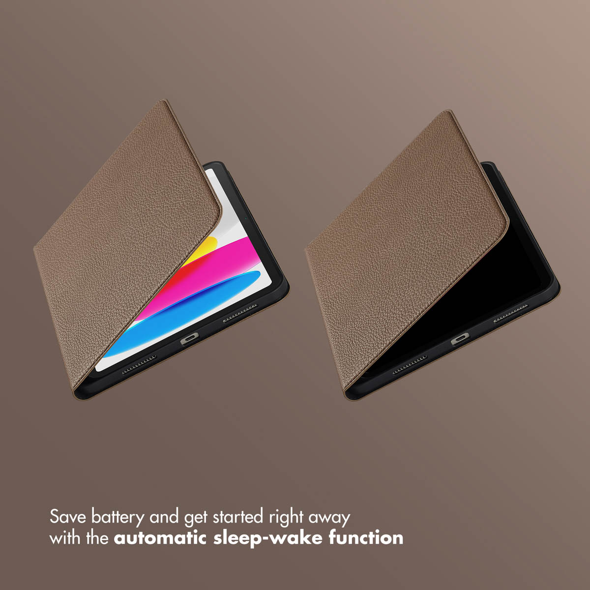 Two tablets in brown leather cases float against a brown background, the left one showing a colorful display.