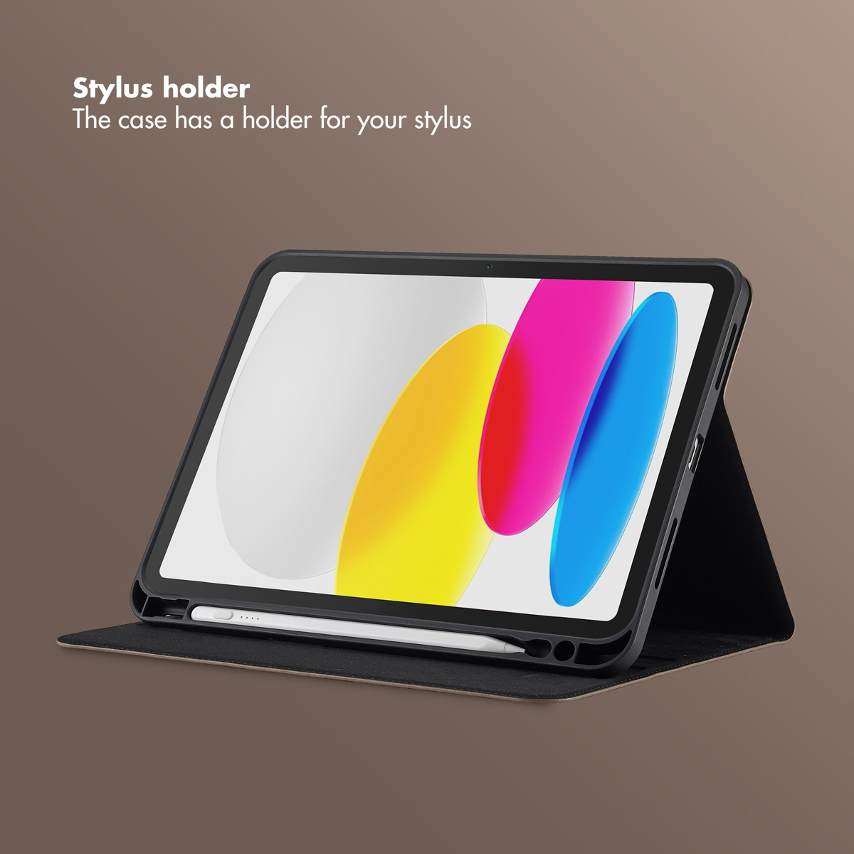 A tablet in a black protective case with an integrated stylus holder and a white stylus at the bottom.