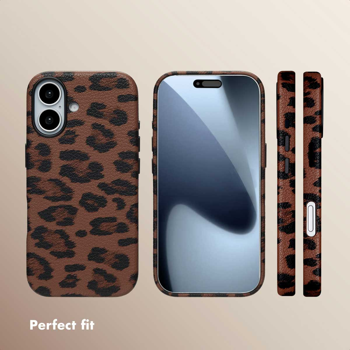 Smartphone-Ansichten zeigen eine braune Leopardenmuster-Hülle auf der Rückseite, dem Bildschirm und den Seiten.