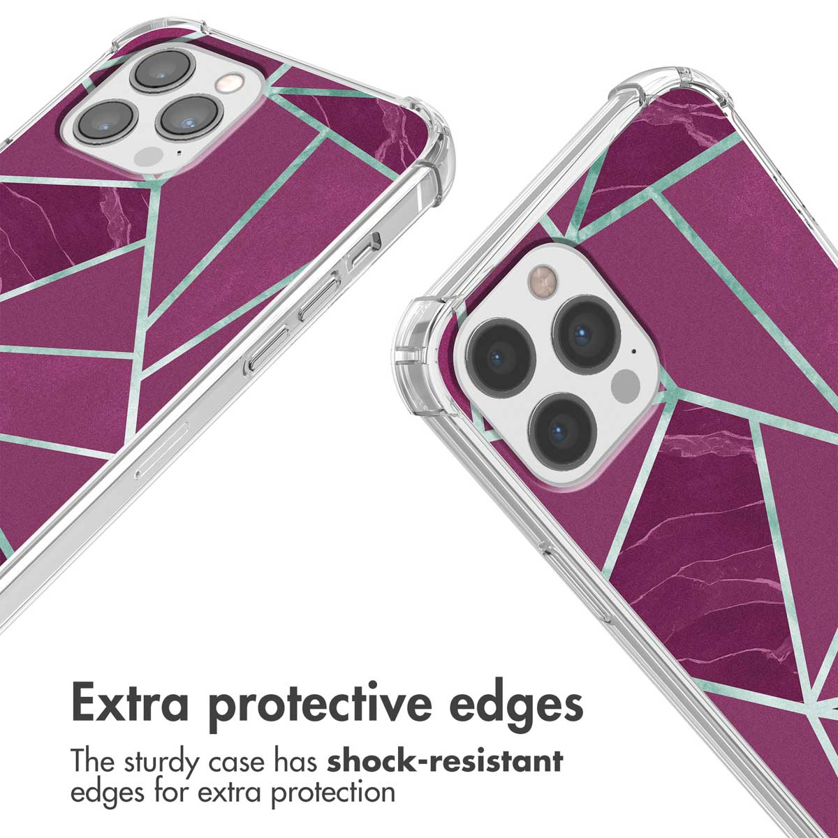 Zwei Smartphone-Hüllen mit lila Marmormuster und hellblauen geometrischen Linien auf weißem Hintergrund.