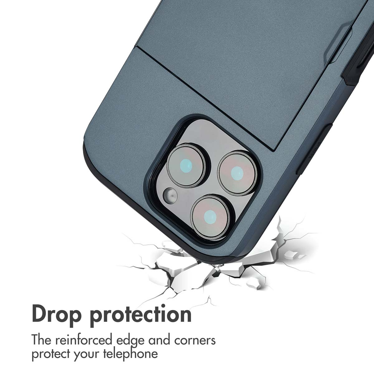 Custodia per smartphone blu con ritaglio per fotocamera su sfondo bianco incrinato con testo.