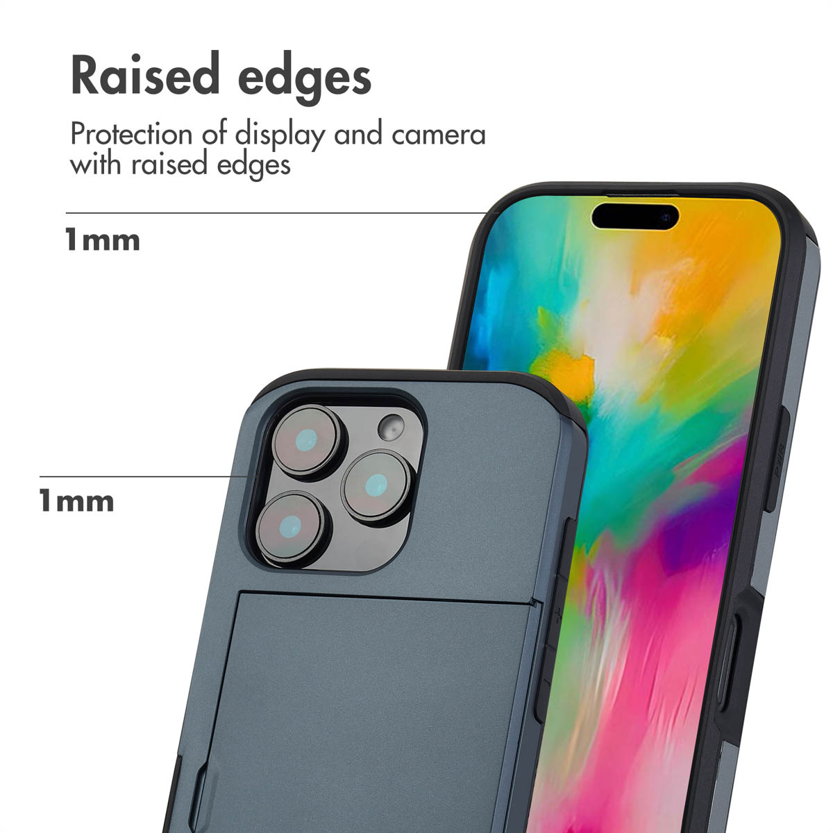 Diagramma che mostra bordi rialzati di 1 mm su una cover per smartphone.