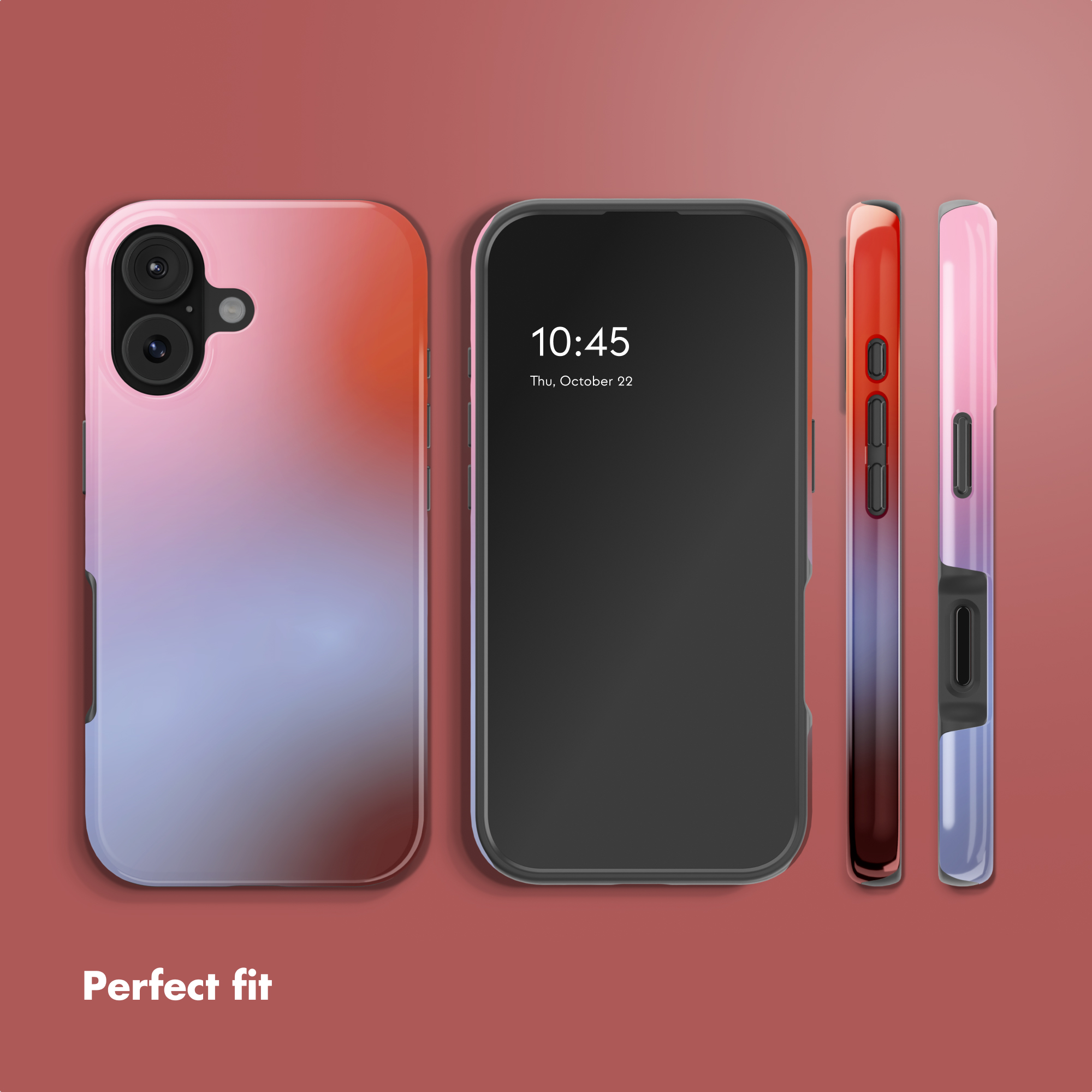 Quattro viste di una cover per smartphone rosa, blu e rossa su sfondo rosso con la scritta Perfect fit.