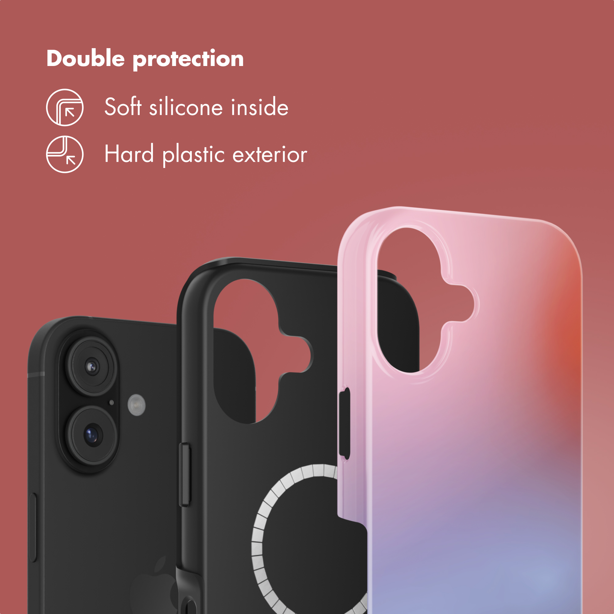 Immagine promozionale di custodia con doppia protezione, interno in morbido silicone ed esterno rigido.