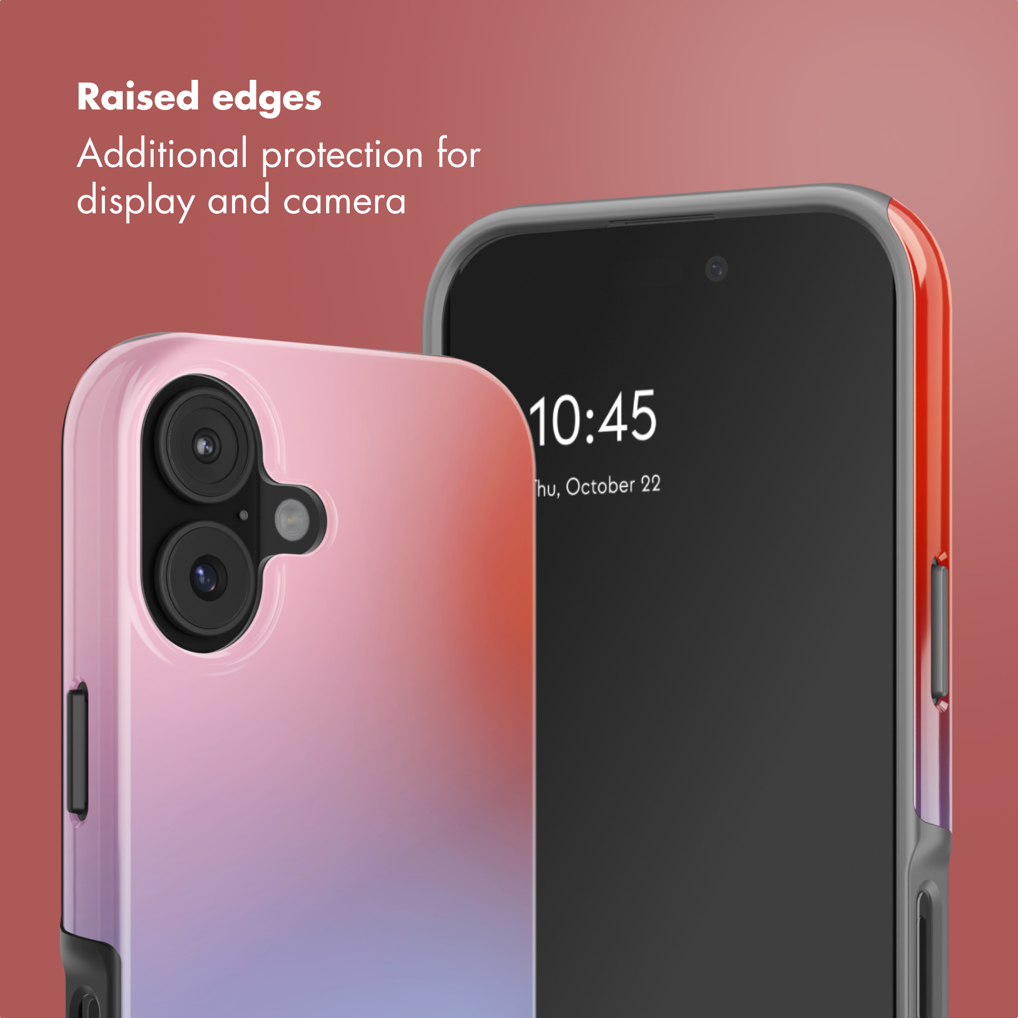 Due smartphone con custodie colorate mostrano bordi rialzati per proteggere schermo e fotocamera.