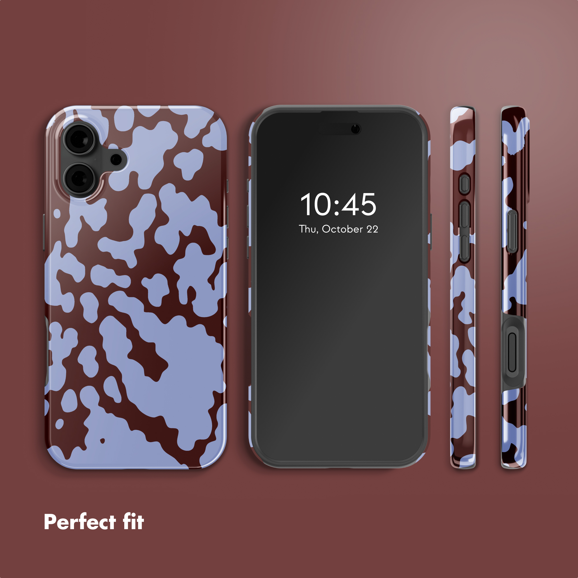 Varie viste di uno smartphone con motivo a macchie marroni e blu e la scritta Perfect fit.