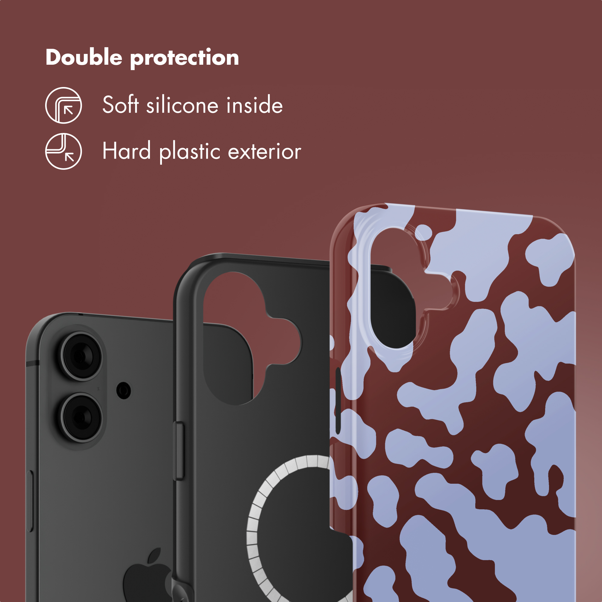 Doppia protezione con silicone morbido interno ed esterno in plastica rigida.