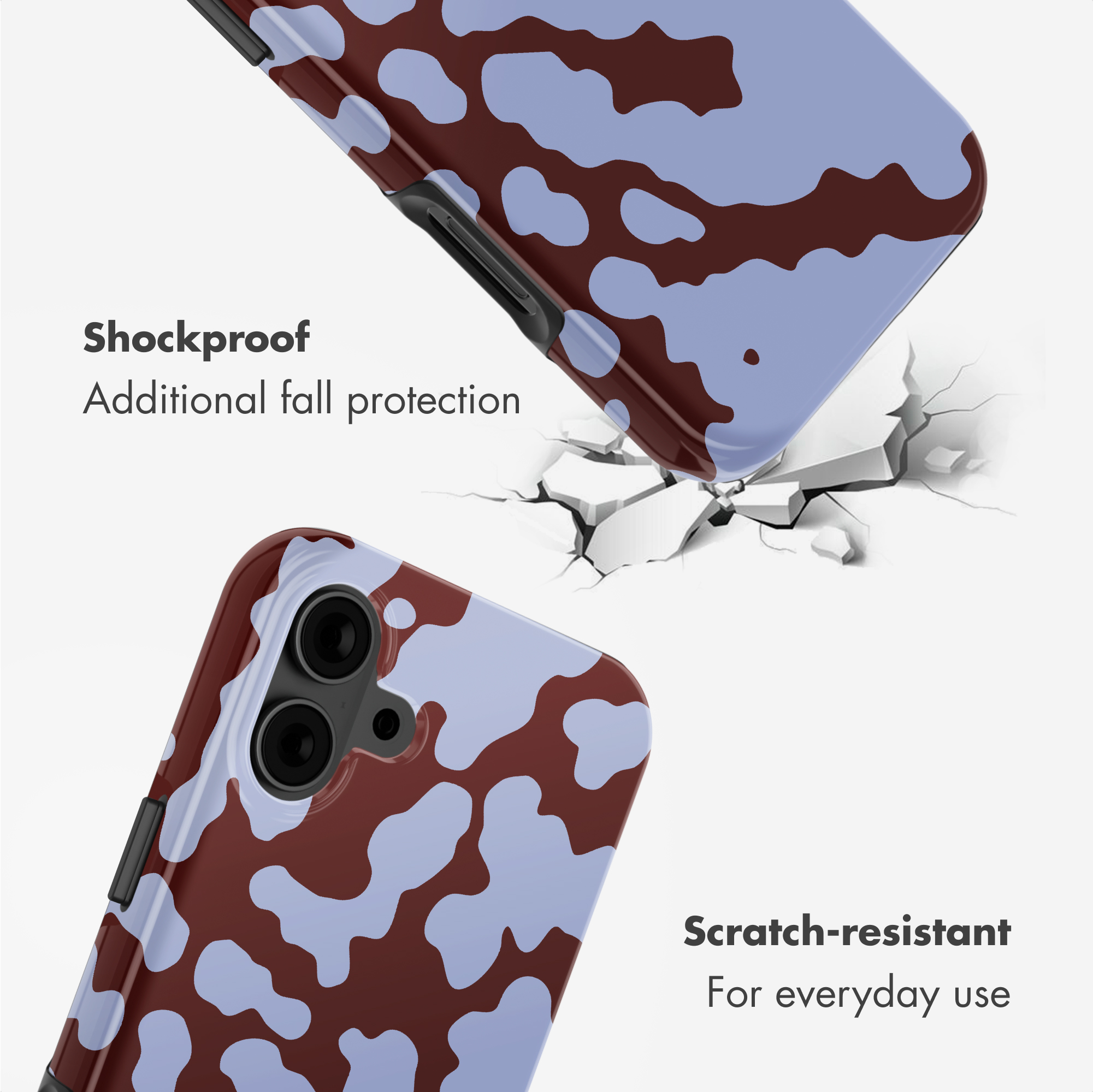 Cover per telefono con motivo mimetico marrone e azzurro, testo sulla protezione.